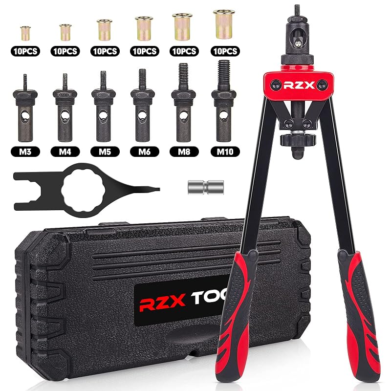 Rebitador manual de porca-rebite de 35,6 cm RZX com mandris métricos e SAE, 60 porcas-rebite e maleta