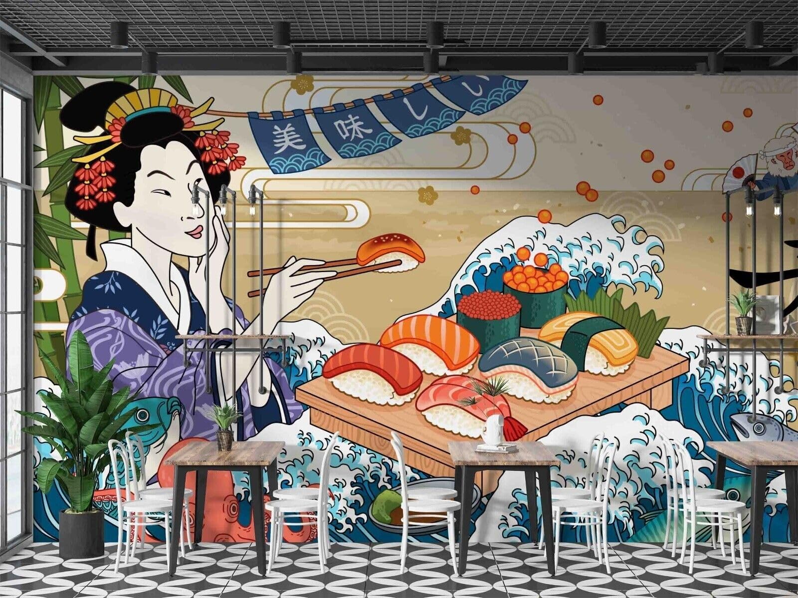 Art mur papier peint restaurant japonais et hall d’entrée haut de gamme