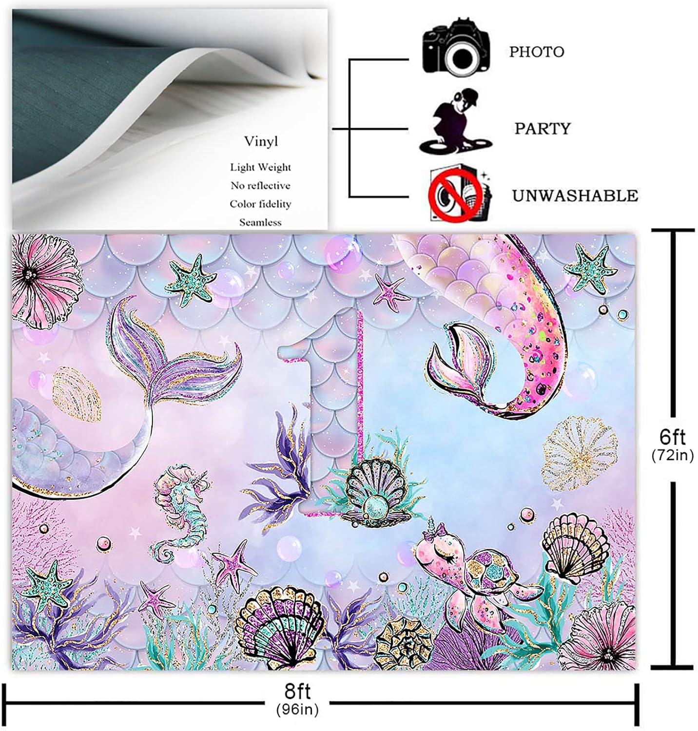 Avezano Mermaid 1st Birthday Backdrop for Girl Under The Sea Bday Party Photoshoot Photography Background Glitter Mermaid Tail First Mermaid Birthday Party Decoration Supplies (8x6ft)
