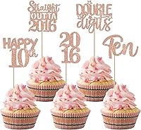 Vista 8 de 30 piezas de decoraciones para pastel de cumpleaños número 10, decoraciones de cupcakes negras con brillo, 10 feliz cumple, directo desde 2016, 10