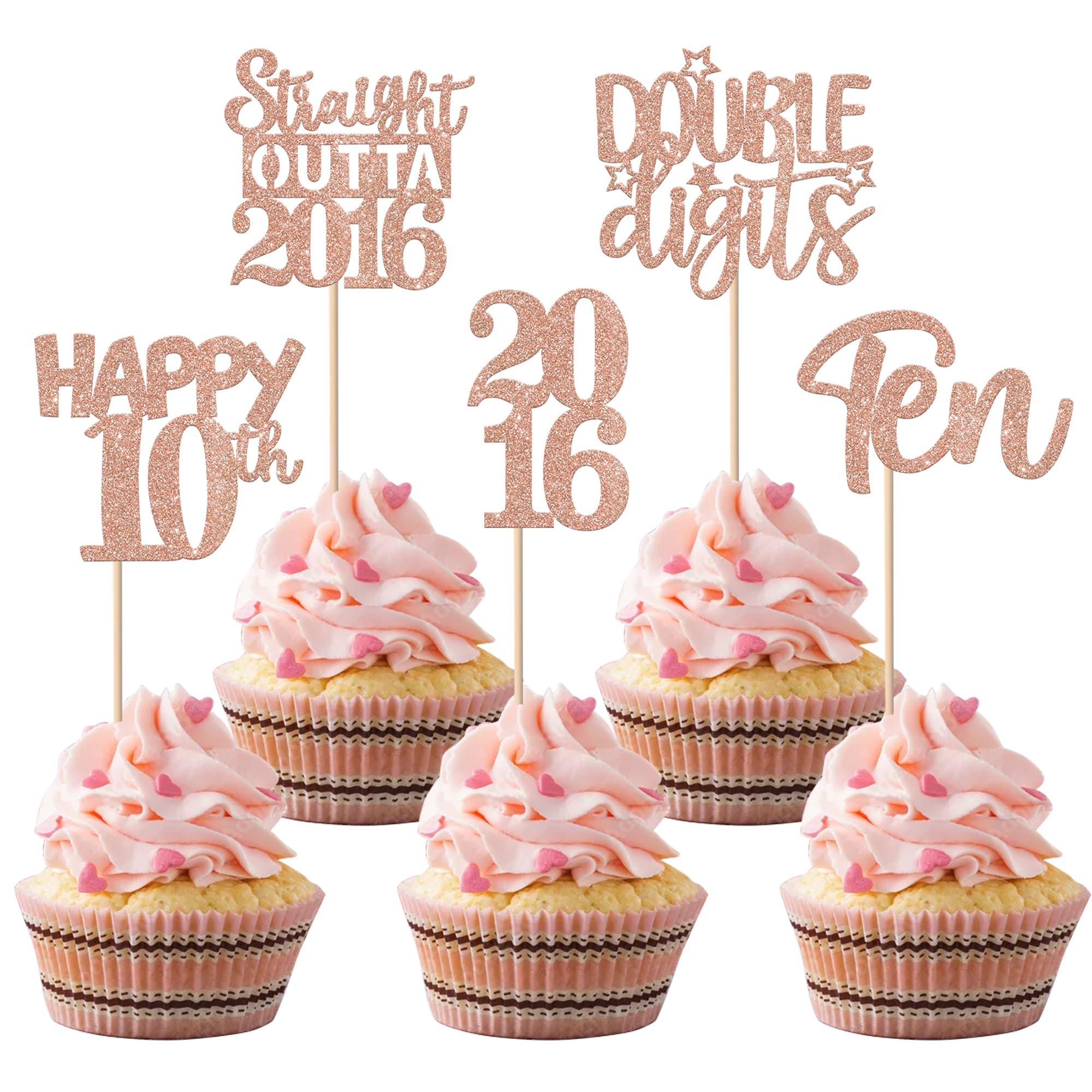 30PCS 10th Birthday Cupcake Toppers Glitter Ten Happy 10 Straight Outta 2016 Cupcake Picks for Cheers to 10 Years 10th Birthday Wedding Anniversary