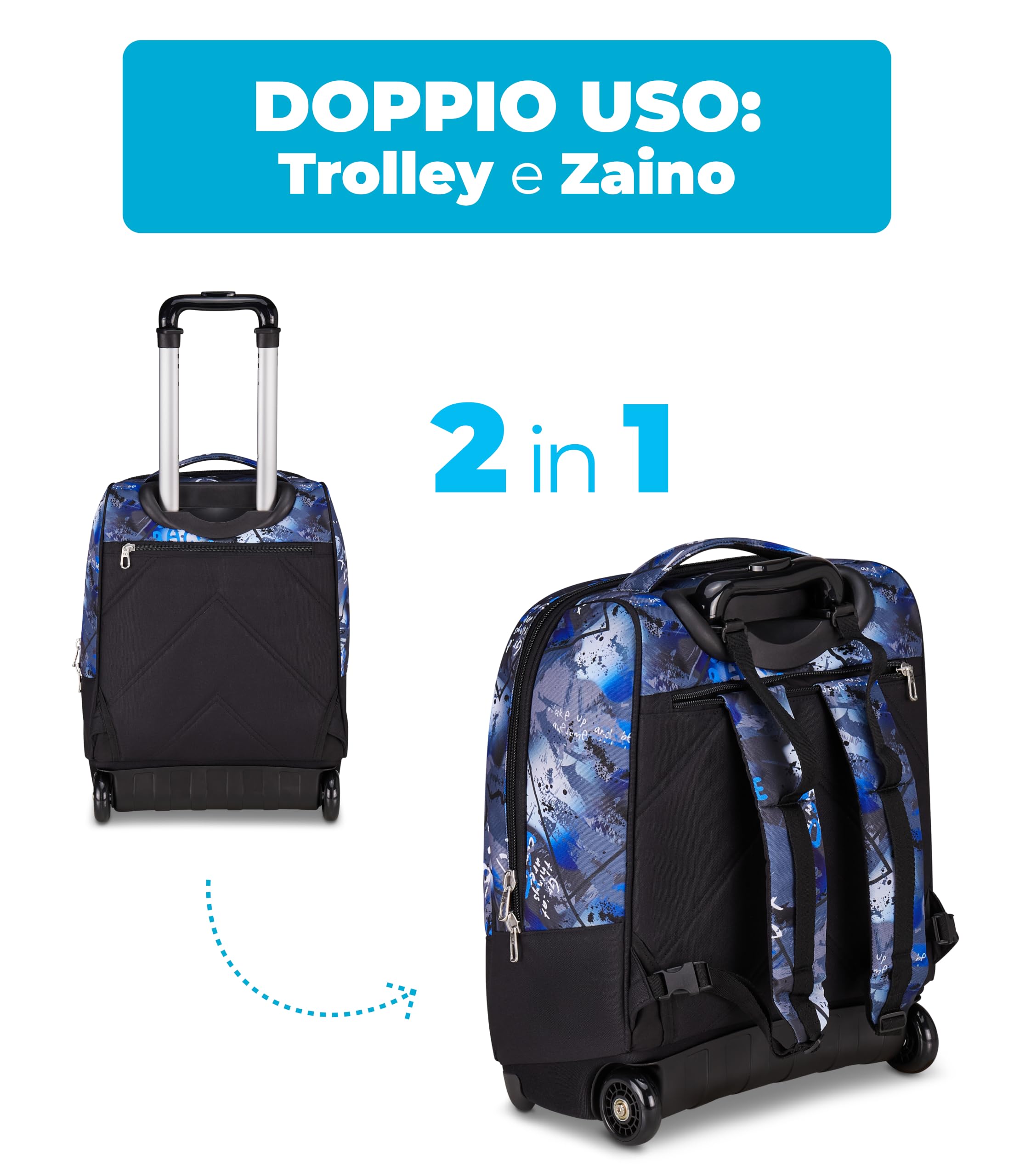 Seven Zaino Trolley, Scuola Elementare, Doppio Uso, Doppio Scomparto, Spallacci a Scomparsa, Bambino, Mystic Gray, blu/nero