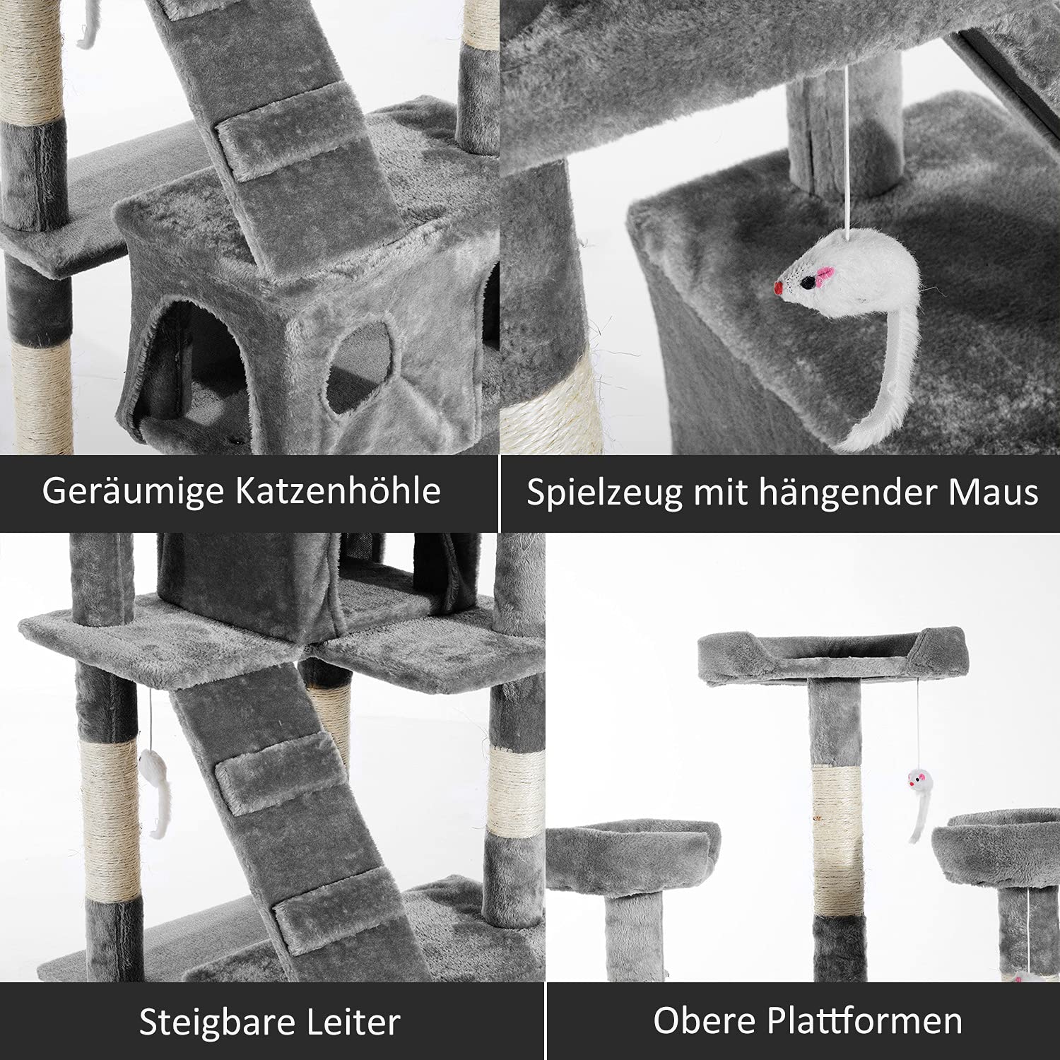 PawHut Katzenbaum, 142 Cm Hoch, Mit Kratzstämmen, Haus & Spielzeug – Für Katzen Bis 4,5 Kg