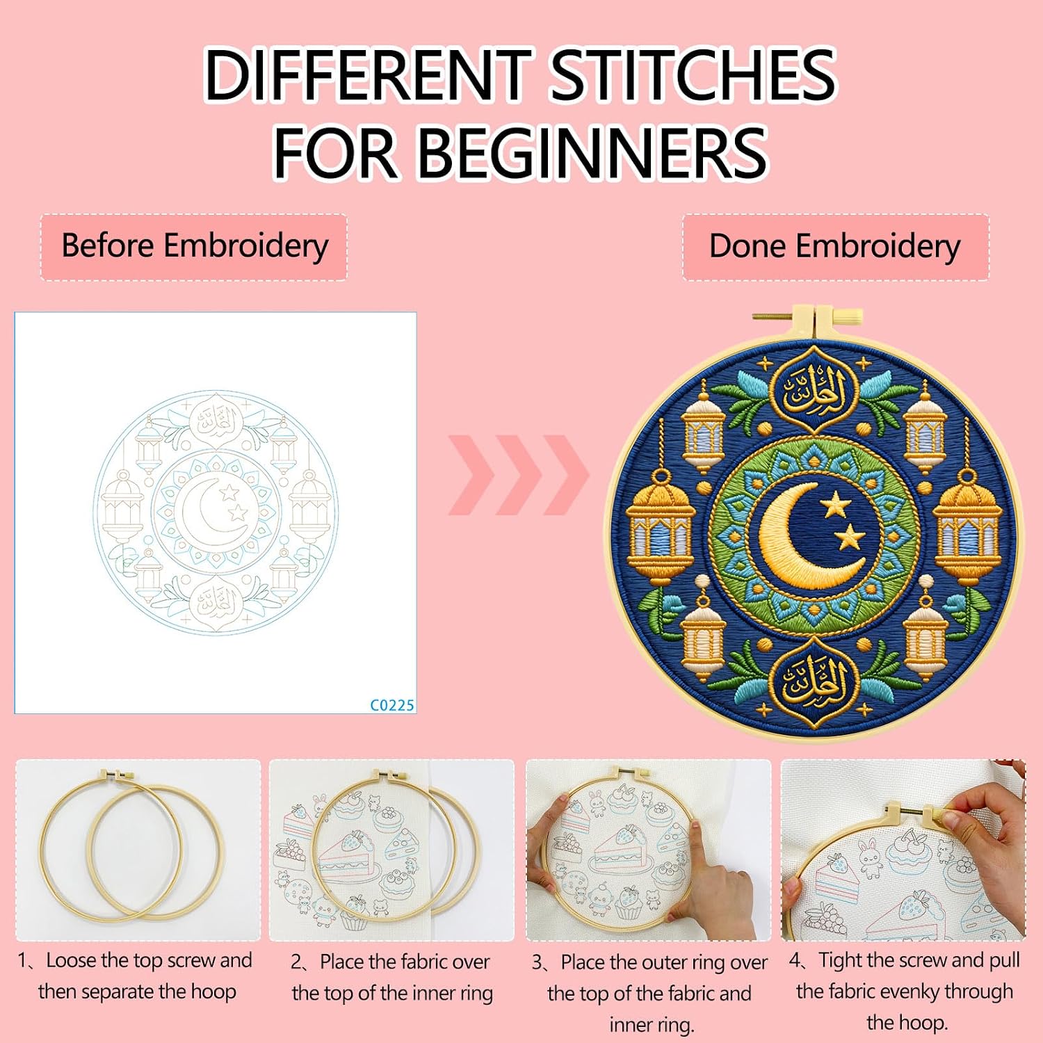 Zhenqing Ramadan Embroidery Kit for Beginners, Pre-Printed 29x29cm Circular Cotton Fabric with 20cm Hoop, Islamic Art Design with Crescent and Lanterns (C0225) image 3