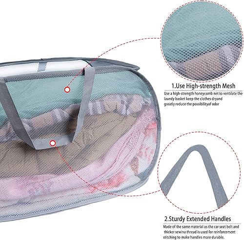 Miniatura 4 de Cestas de lavandería plegables, cesta de lavandería plegable, cestas de malla plegables (cada una con 2 asas reforzadas) (gris + blanco)..