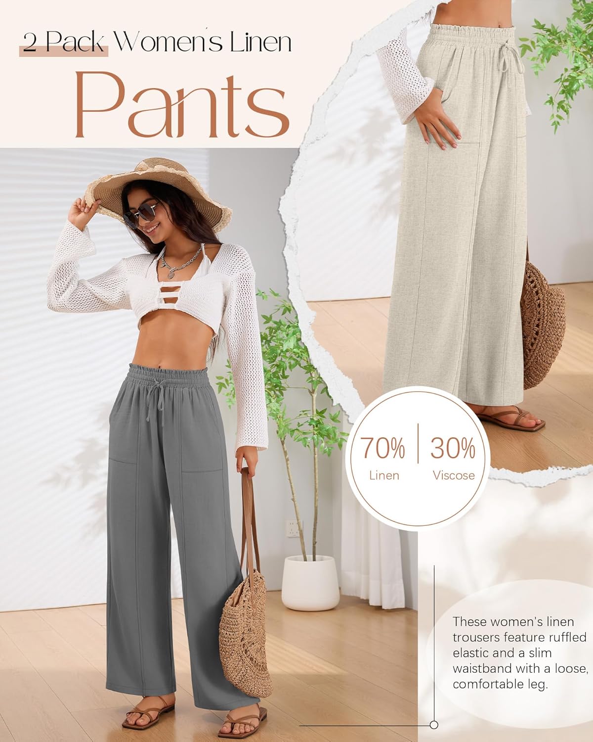 2 Pack Women's Linen Pants Summer Wide Leg Drawstring Elastic Waist Pant Casual Loose Fit Beach Trousers with Pockets(Flaxen, Gray,Large) - Image 2
