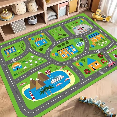Miniatura 7 de Tapete de juego de automóvil para niños, alfombra para sala de juegos, alfombra de tráfico de ciudad, alfombra de juego para piso, alfombra de juego