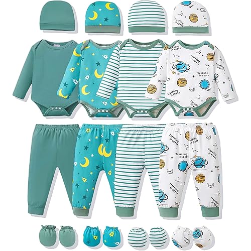 NZRVAWS Newborn Baby Boy Girl Clothes Unisex Infant Romper Pants Set Hat 4-Pack Outfits 0-12 Months 16 Pieces Toddler