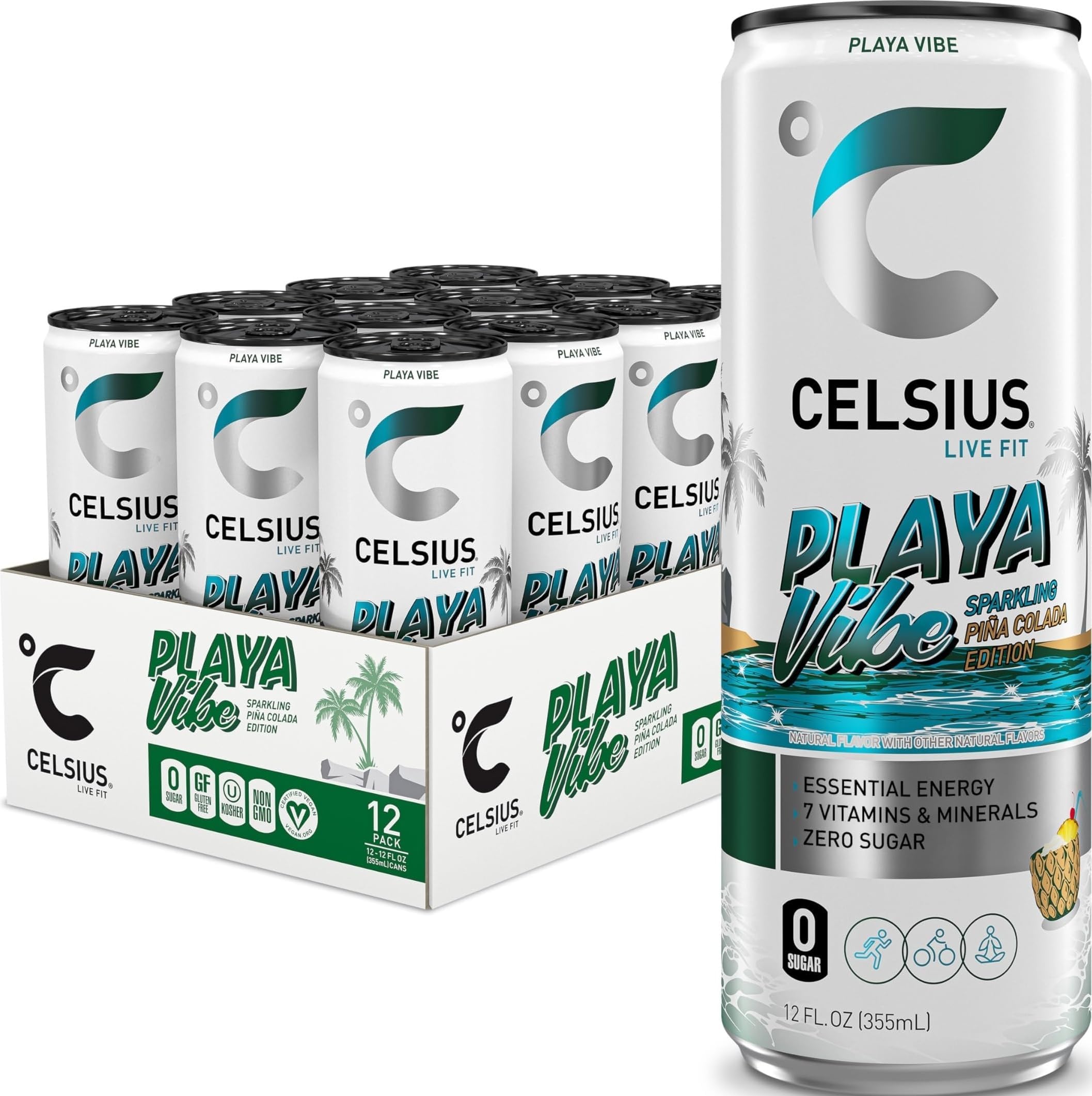 PLAYA VIBE Sparkling Pina Colada, Sugar Free Energy Drink, 12 Fl Oz (Pack of 12)