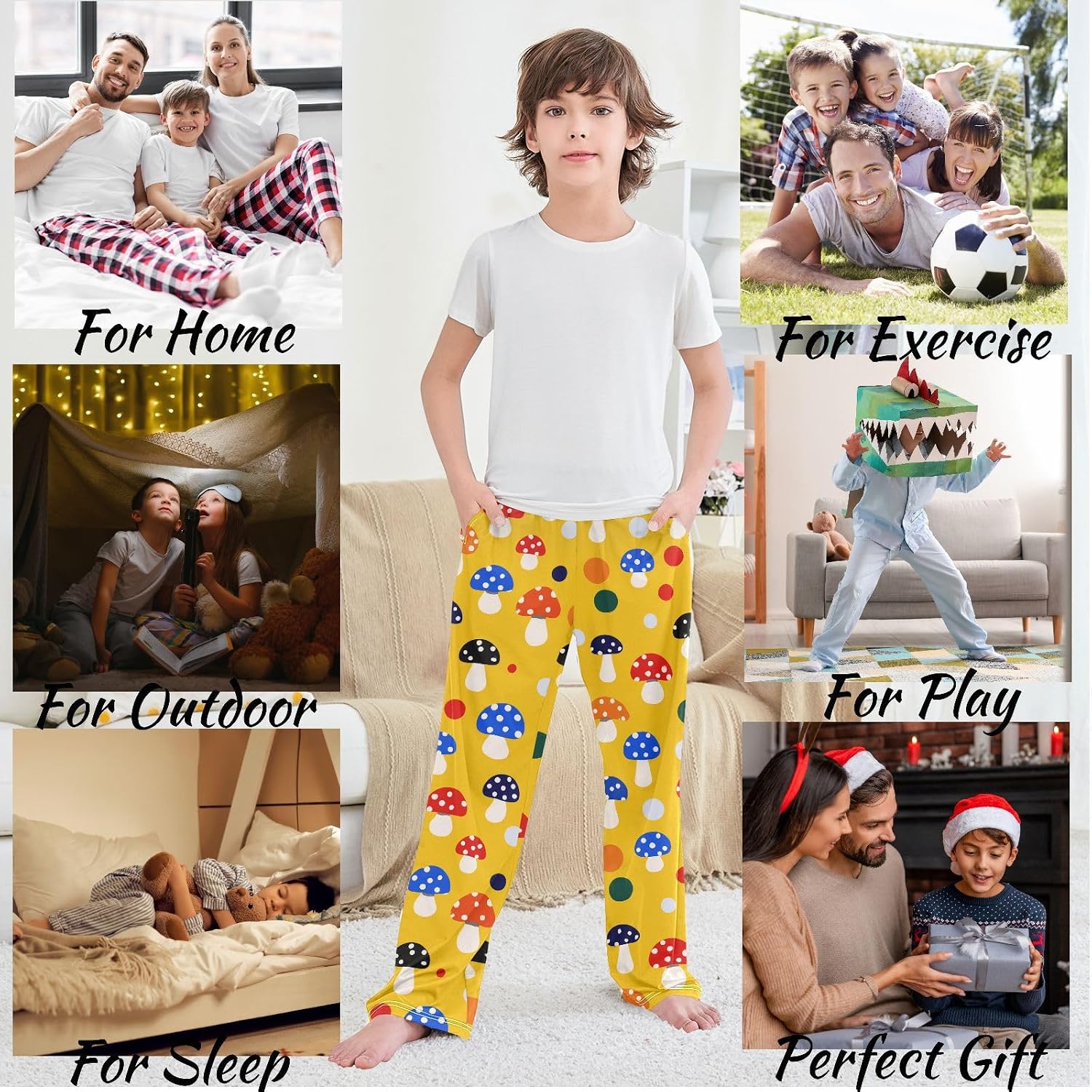 visesunny Boys' Pants Colorful Mushrooms Jogger Pants Elastic Waist Long Bottoms Trousers S-XL