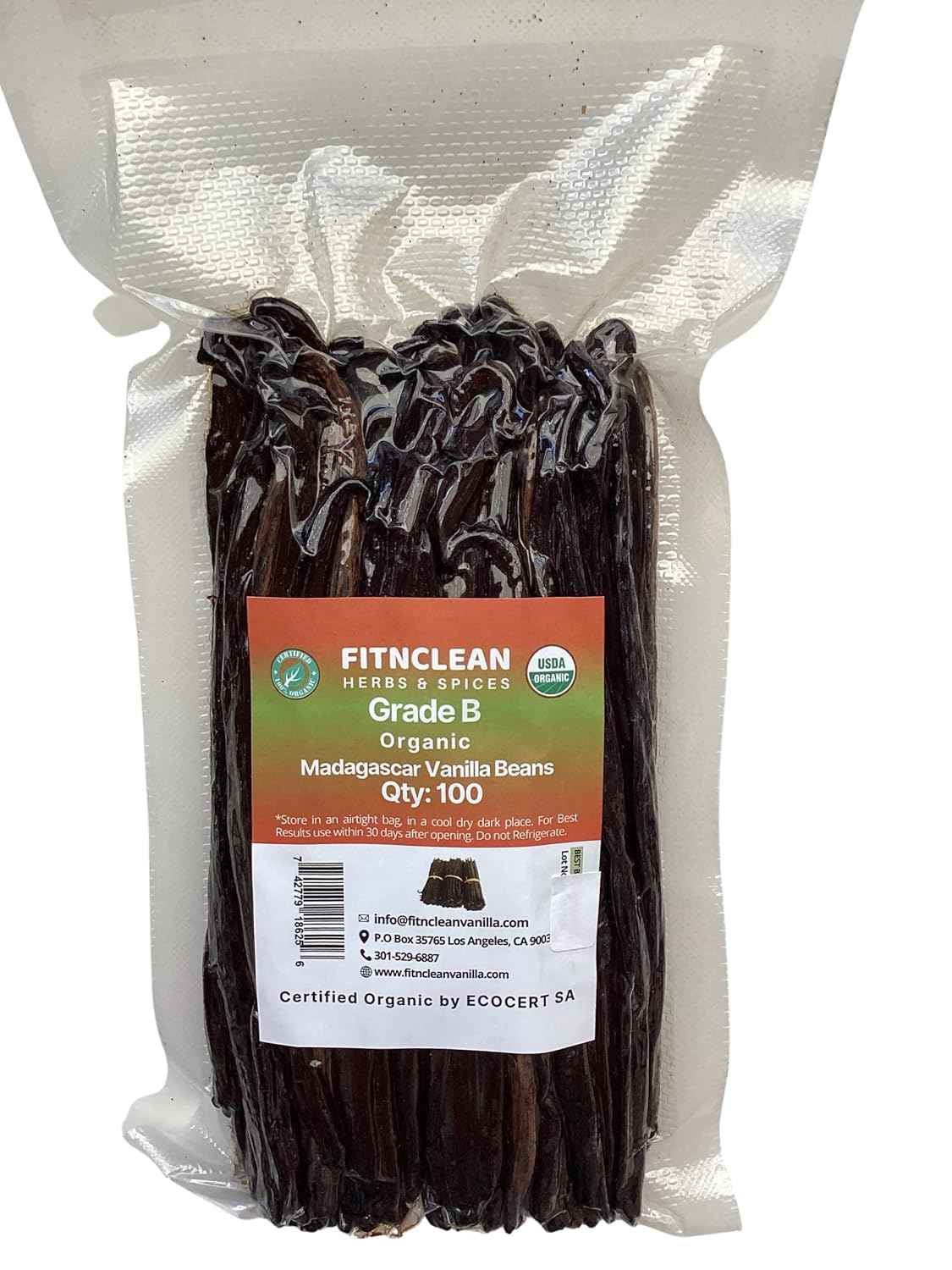 100 Organic Vanilla Beans Madagascar Grade B for extract, Cooking and Baking. Certified USDA Organic. 5"-7" by FITNCLEAN VANILLA| Whole NON-GMO Bourbon Pods