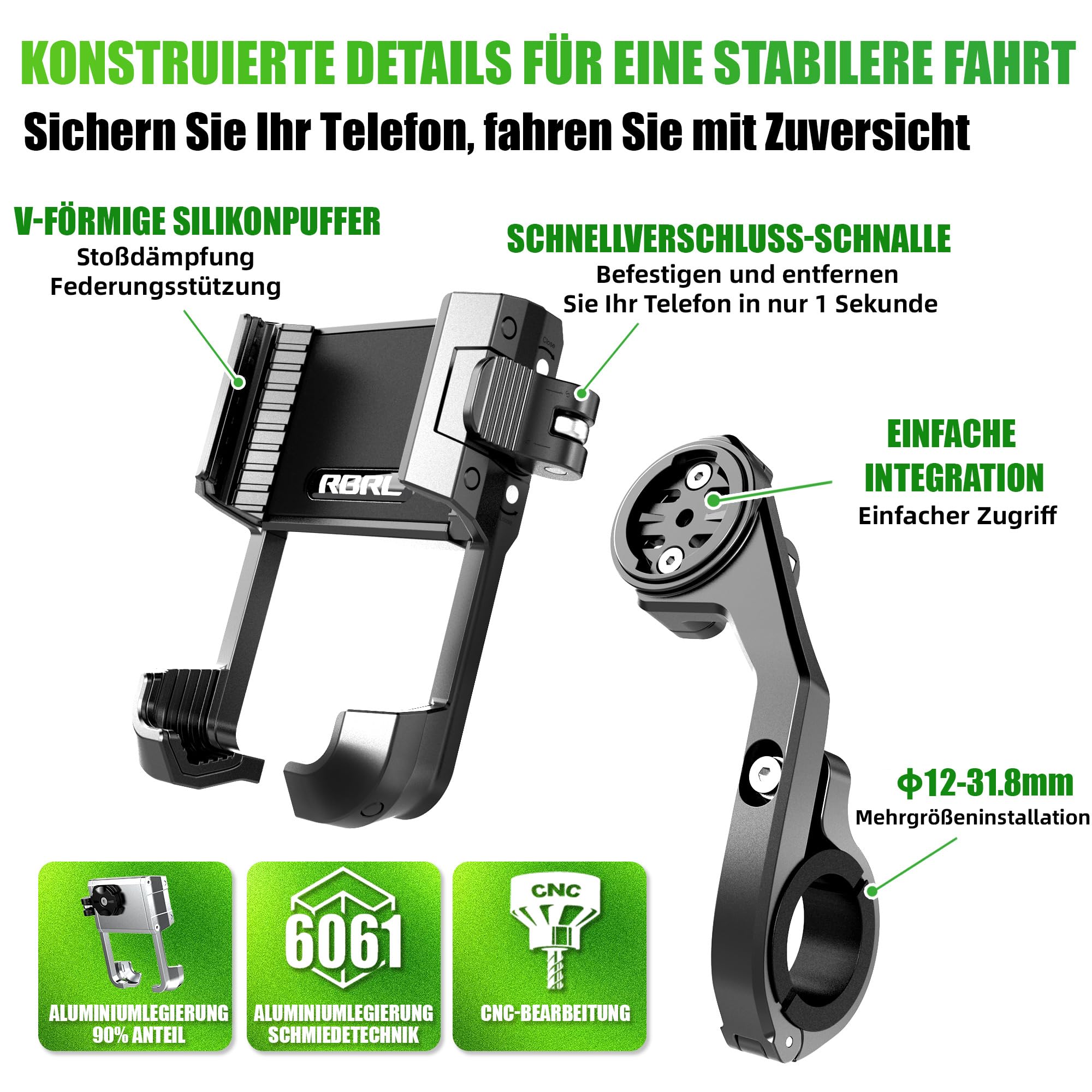 RBRL Fahrrad Handyhalterung Ebike, 1s Schnellspanner Lenker Handyhalter, CNC Aluminium für maximale Stabilität, Anti-Vibrations V-Klemme für Fahrrad, keine Kamera-Blockierung, 4,7–7,2 Zoll Smartphones