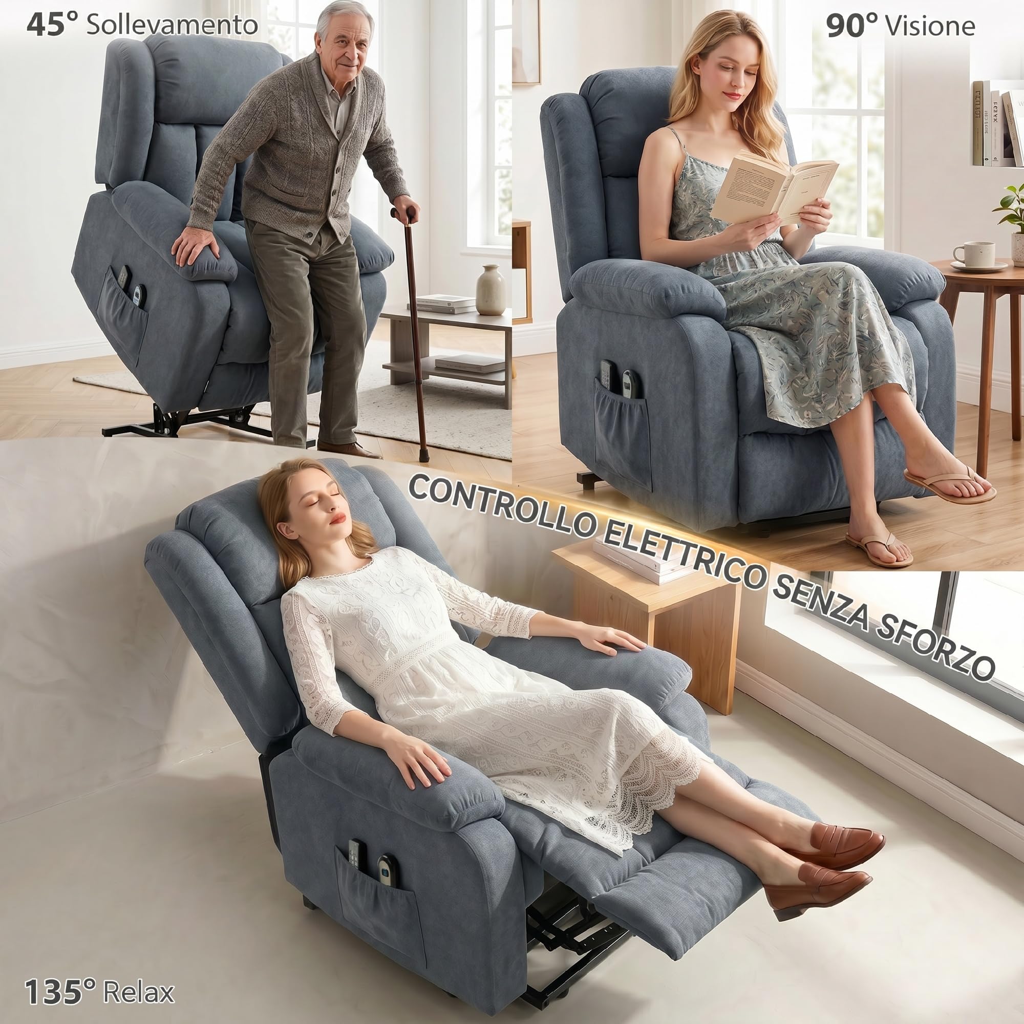 HOMCOM Poltrona Elettrica Alzapersona Reclinabile 135° Seduta Ampia Grigio | , Poltrona Relax in Tessuto Effetto Lino per Anziani, 8 Punti Massaggio Vibrante, Telecomando, Poggiapiedi, Tasche Laterali