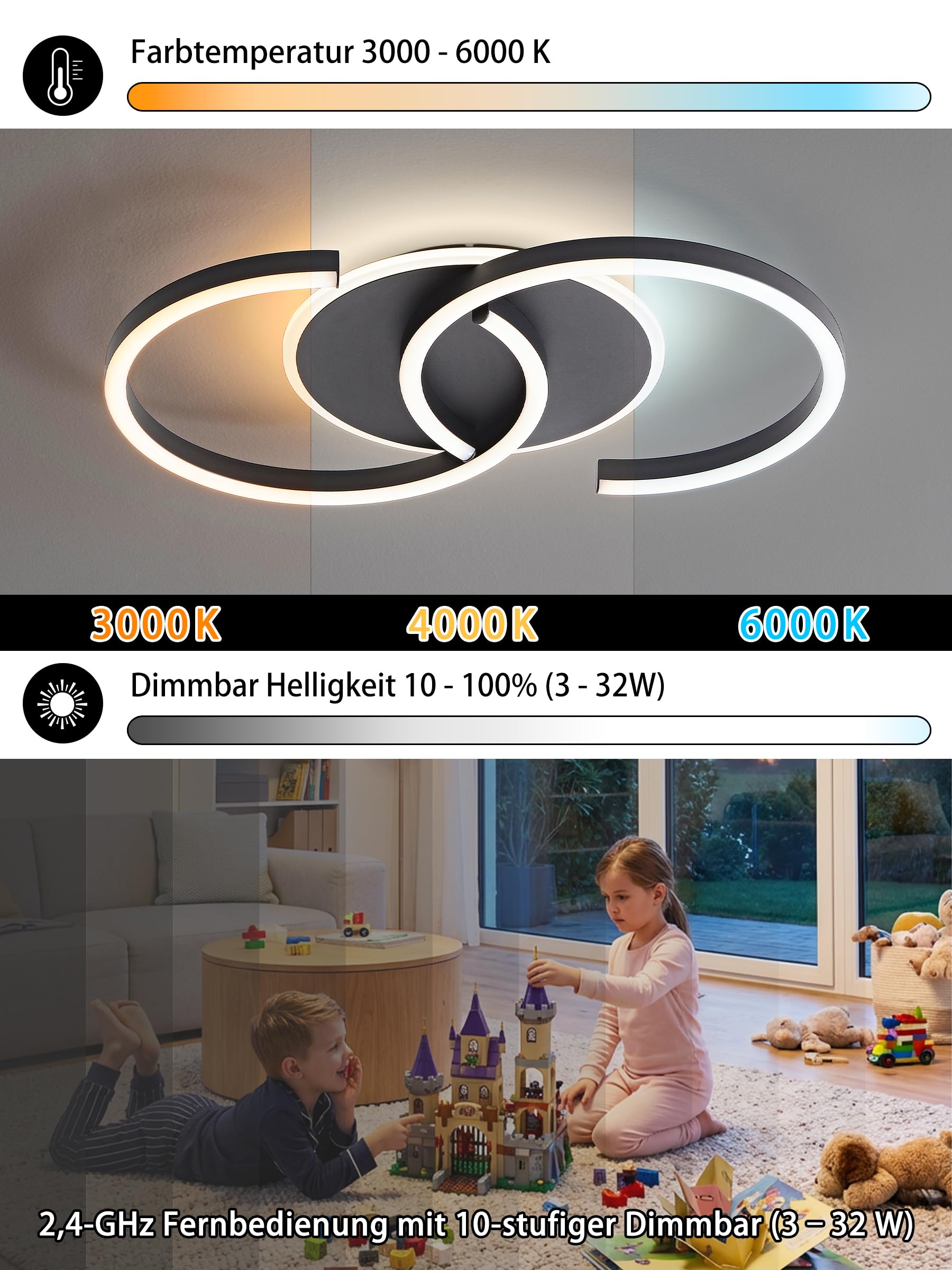 LED Deckenleuchte Dimmbar schwarz „S“ 2-Ringe, 50cm 32W Farbtemperatur 3000-6000K, Helligkeit 3-32W, Mit Fernbedienung/Mobile APP, Für Schlafzimmer, Wohnzimmer, Mit Memory-Funktion, 3W Nachtlicht