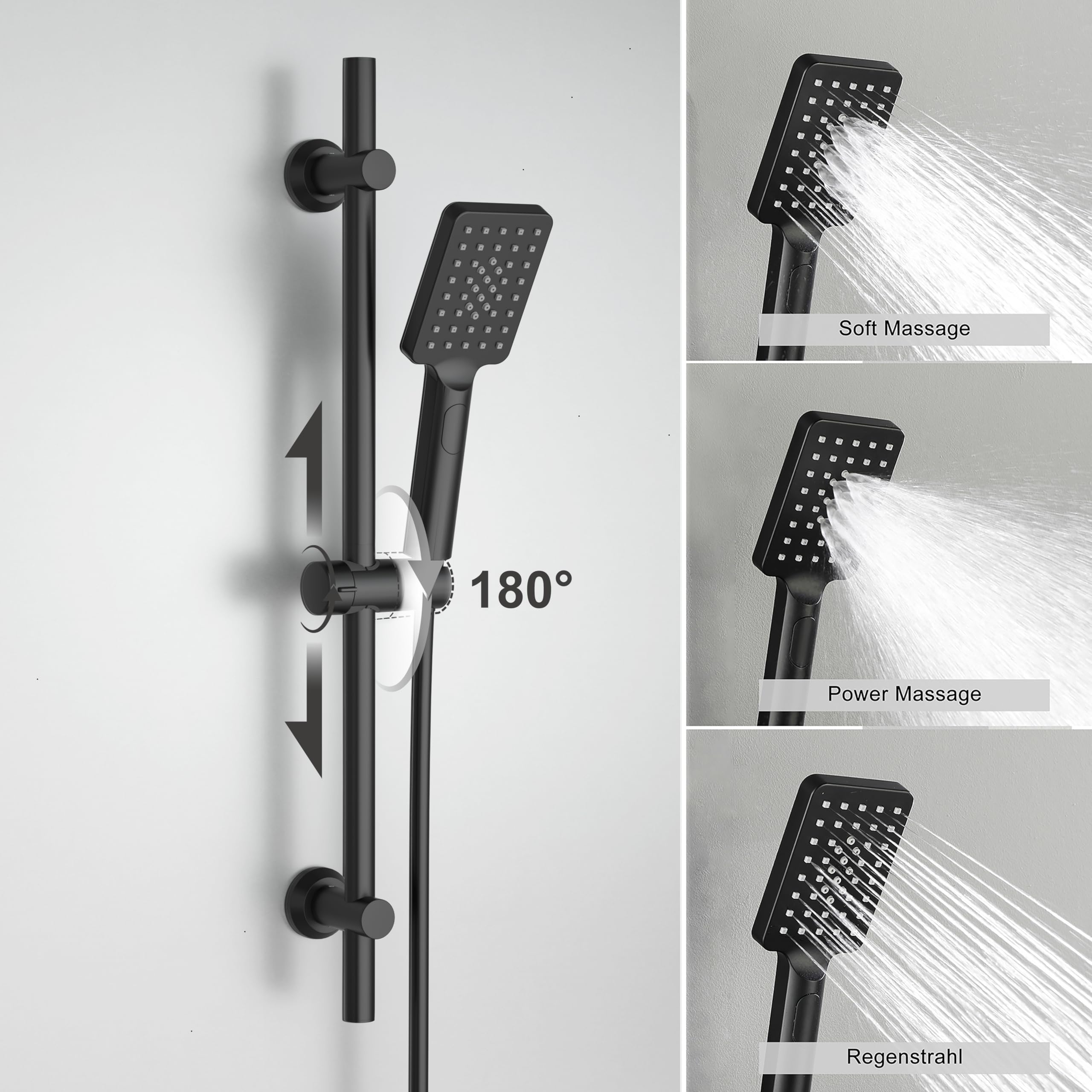 Görbach Duschsystem mit Thermostat – Edelstahl Duschset mit Duscharmatur, Brausestange Set mit Thermostatarmatur, Handbrause, Schlauch, Duschstange 70 cm mit Duschablage, Schwarz