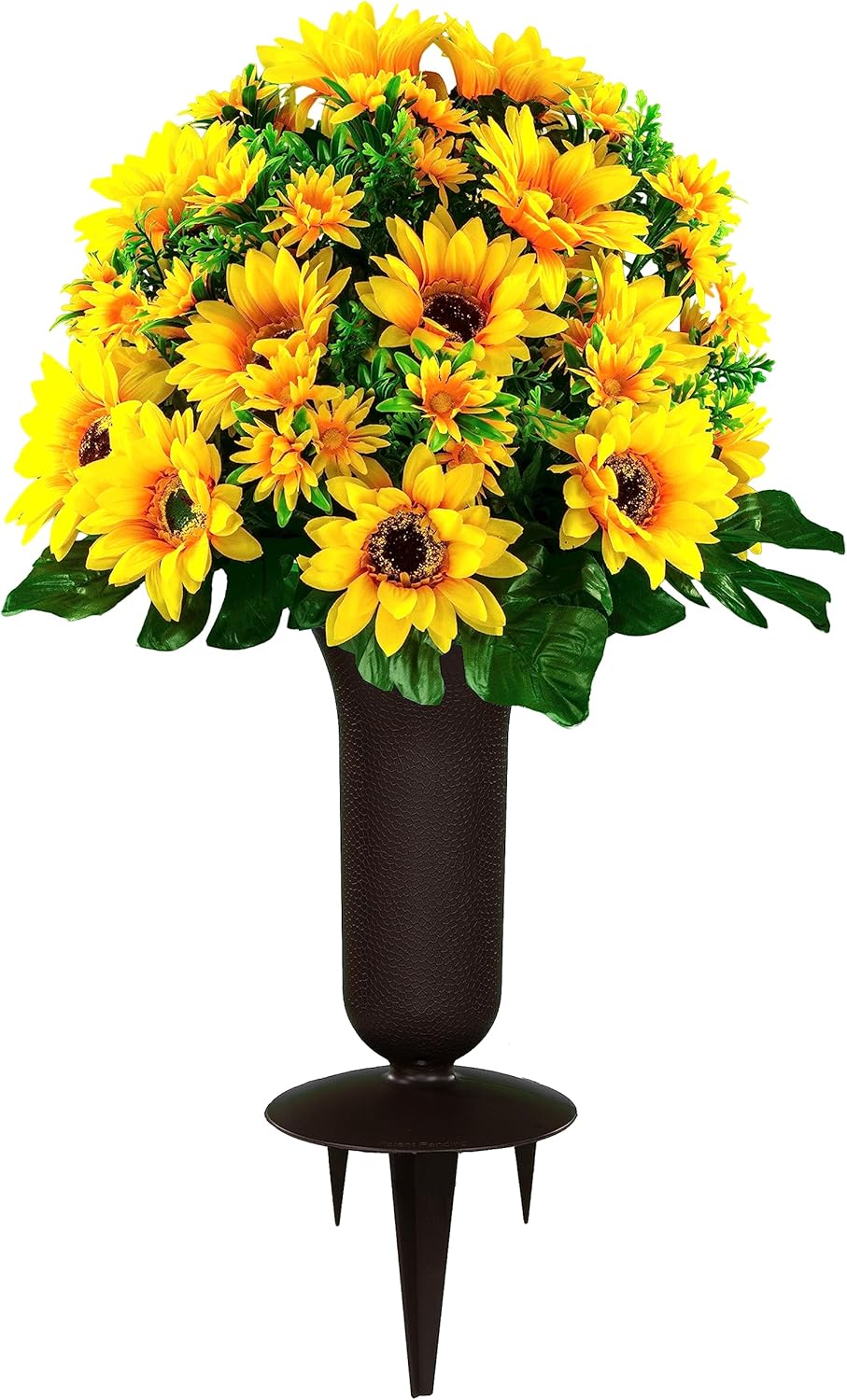 Sympathy Silks Artificial Cemetery Flowers – Realistic Vibrant Sunflowers Outdoor Grave Decorations - Non-Bleed Colors, and Easy Fit - Yellow Sunflower Bouquet with Cemetery Vase
