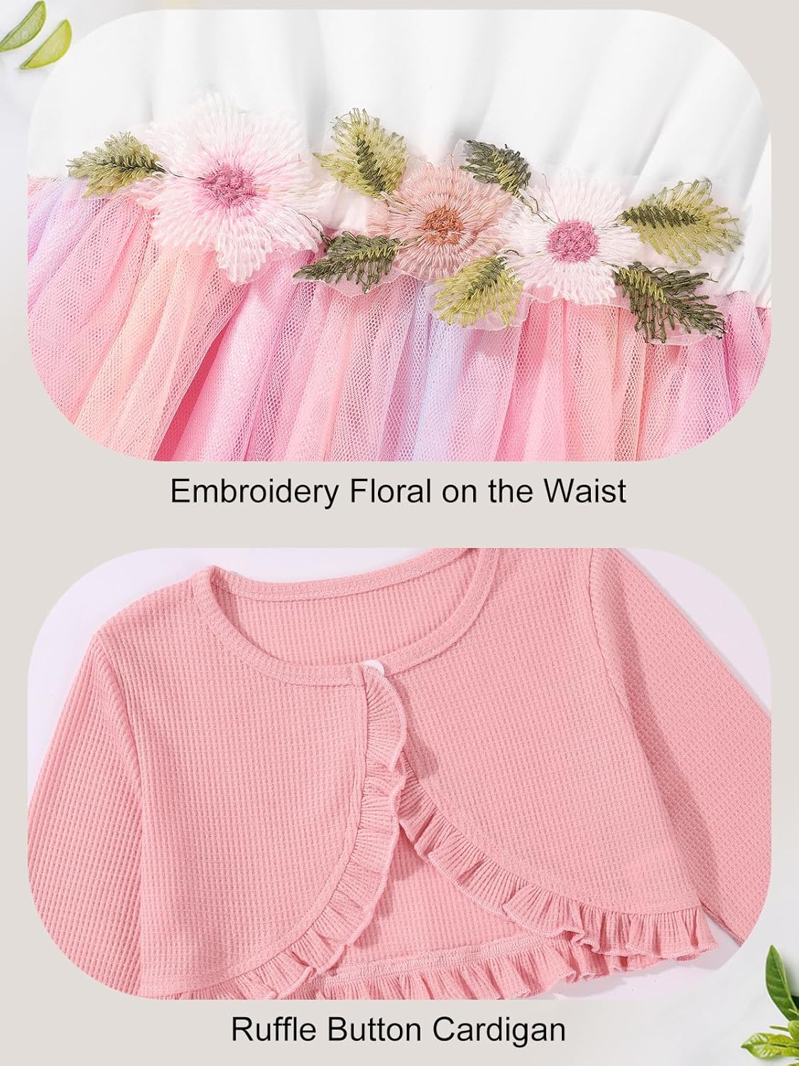 Little Girls Dress and Cardigan Set 2 Piece Floral Print Tulle Sleeveless Princess Dress and Long Sleeve Ruffle Shrug - Image 6