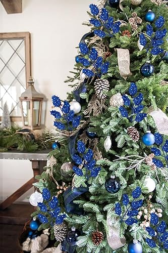 Miniatura 3 de DILATATA 20 piezas de hojas de acebo con purpurina de Navidad de 11 pulgadas, color azul artificial, para árbol de Navidad, guirnalda de bricolaje,