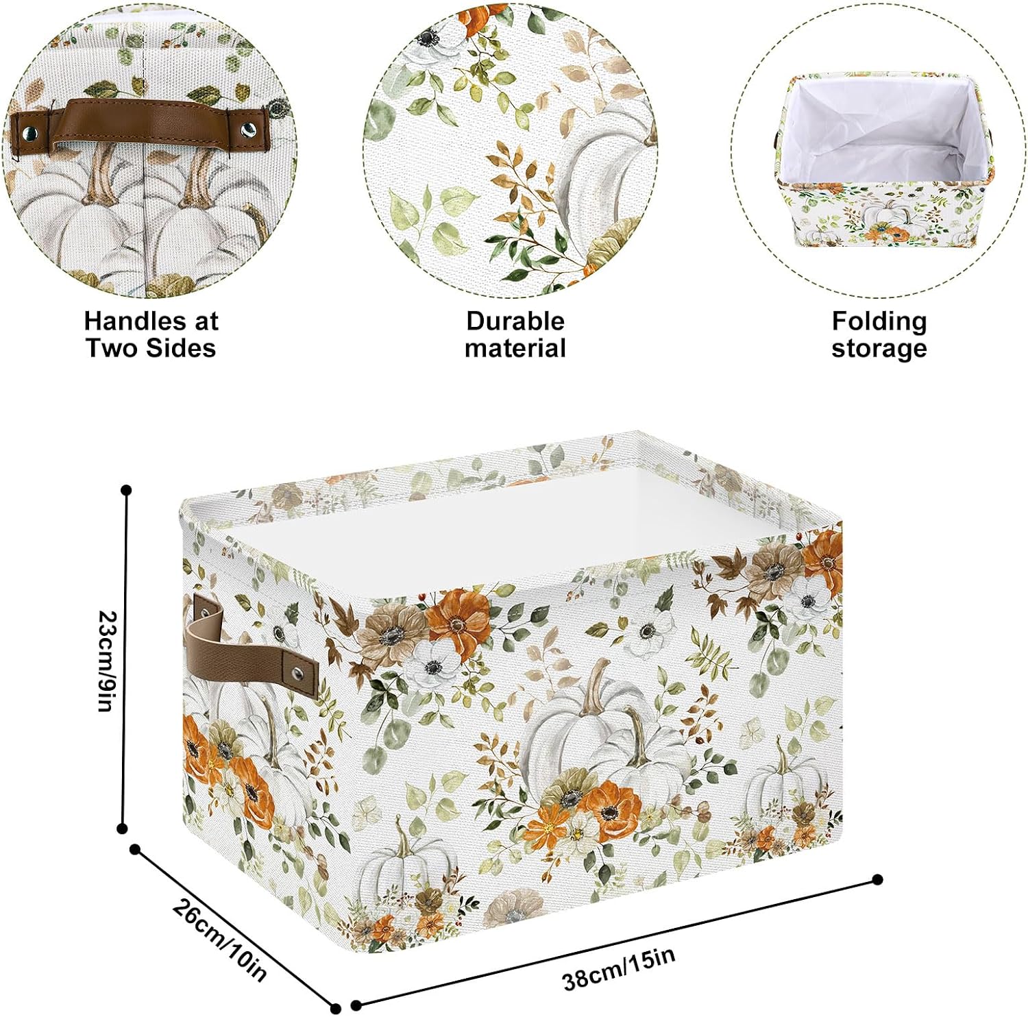 Whaline Fall Storage Basket with Handles Floral Pumpkin Cube Storage Bin Foldable Fabric Container Organizer Box for Autumn Thanksgiving Home Office Dorm Closet Shelf Toy