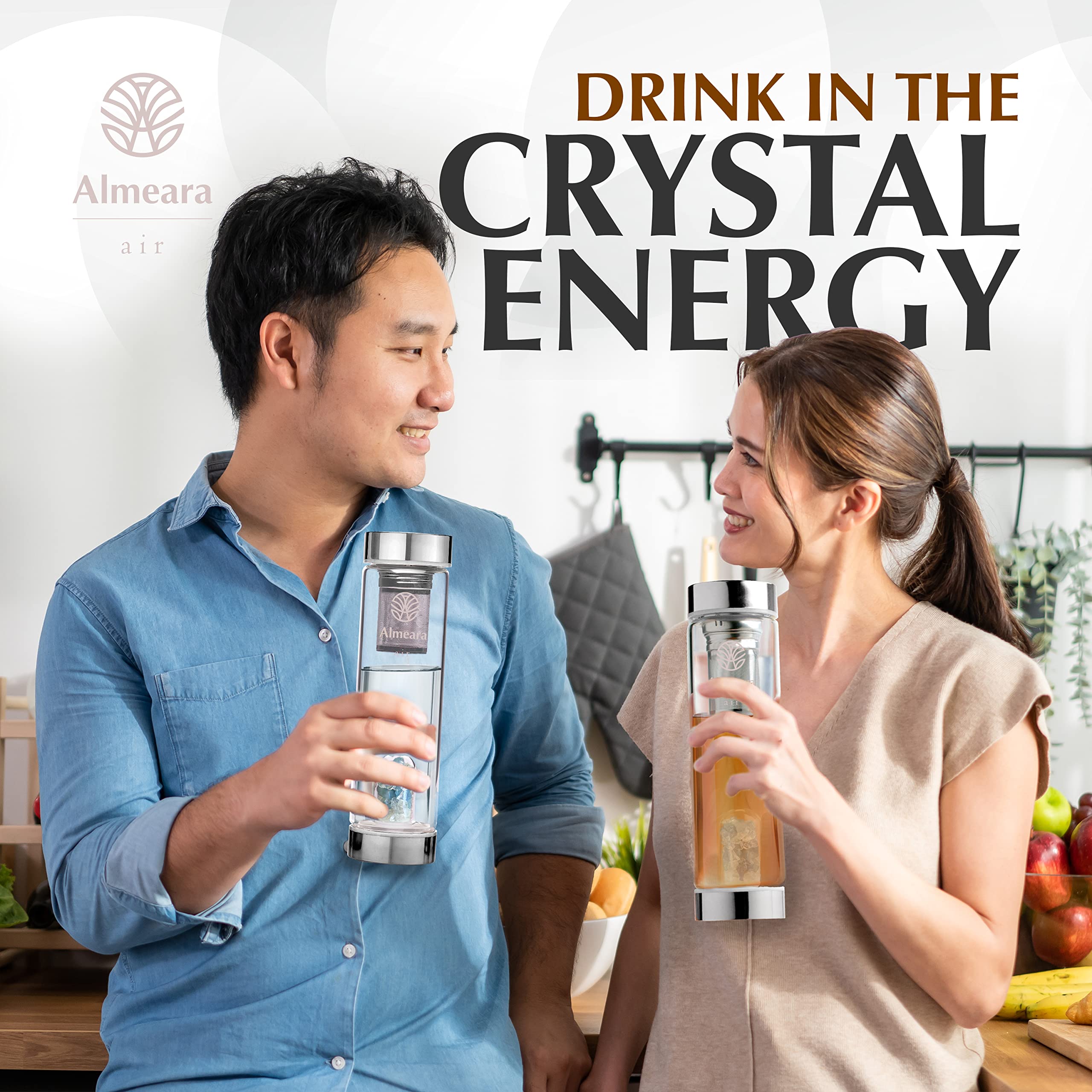 Almeara Botella de agua de cristal, botella de agua con infusión de elixir con gemas grandes, aire