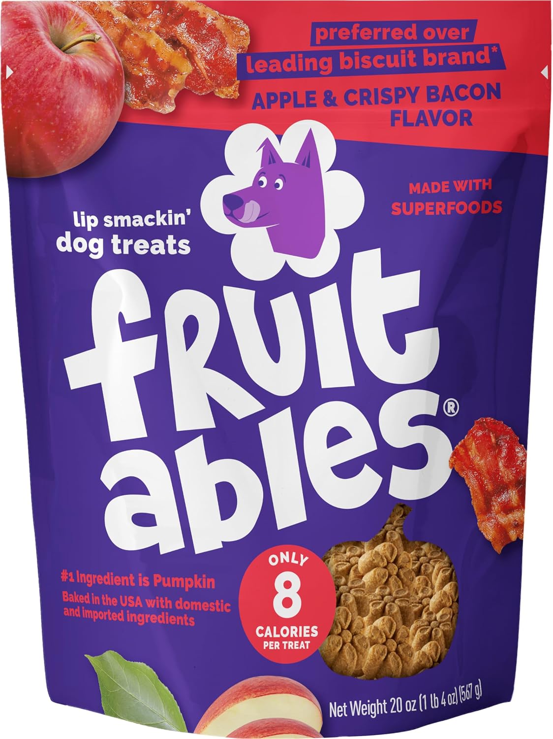 Fruitables Baked Dog Treats, Low Calorie Treats, Apple & Bacon Flavor, 20oz