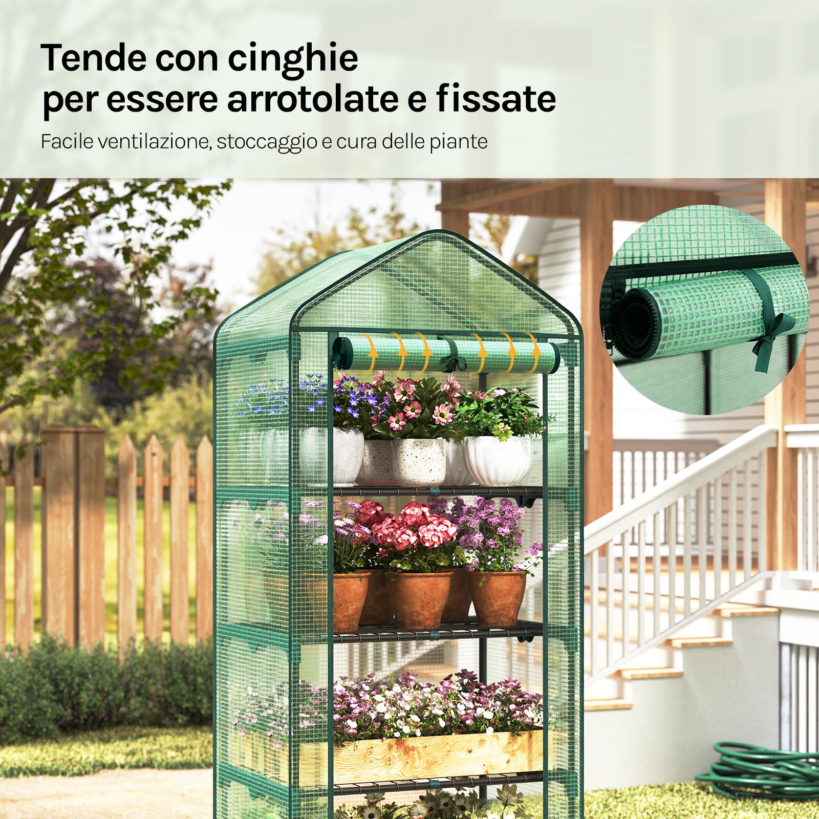 WOLTU Serra da Giardino a 4 Ripiani, Serra da Balcone con Porta Avvolgibile, Telo in PE Impermreabile, Tetto a Punta, Telaio in Metallo Verde, 69x49x158 cm