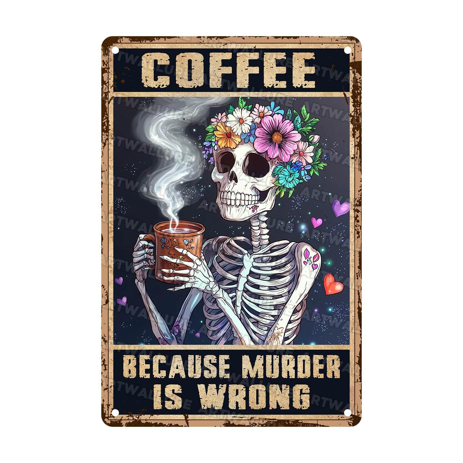 Skull Coffee Vintage Metal Tin Sign Gothic Retro Wall Decor for Coffee Shop Cafe Bar Kitchen Home Metal Plaque 8x12Inch