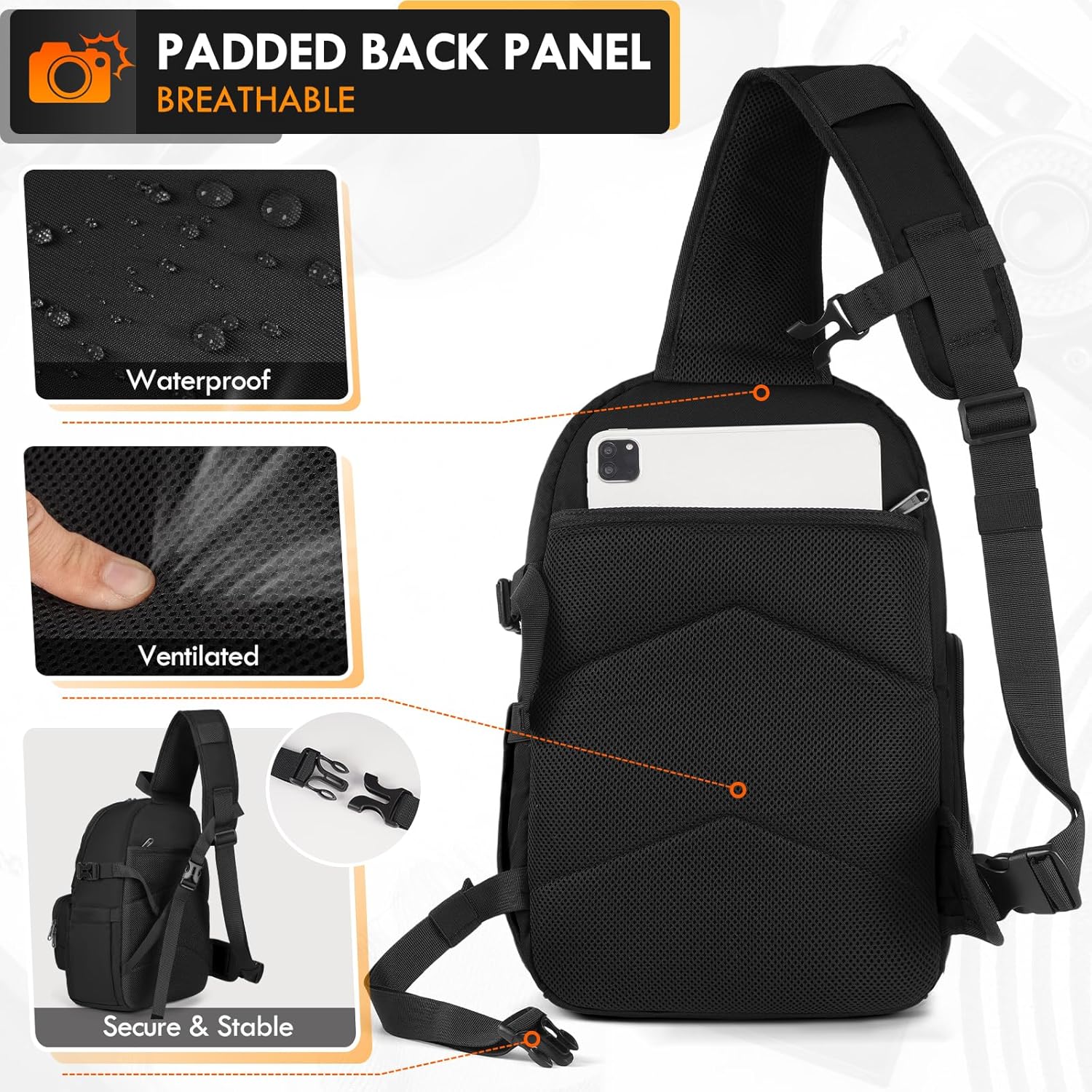 RAINSMORE Camera Bag, DSLR & Mirrorless Camera Sling Bag for Photographers Waterproof Small Camera Crossbody Case with Removable Padded Insert & Tripod Holder for Canon/Nikon/Sony/Fuji, Black - Image 6