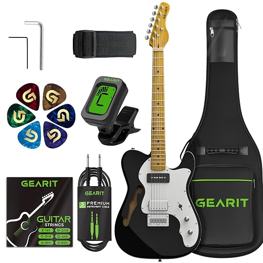 GEARit Electric Guitar (Premium Ash Tonewood),Thinline Semi-Hollow Body, GTL-200 Shoreline Series, 39in Full-Size, P90 Pickup, Humbucker with Coil Split, Round Frets, Accessories - Black