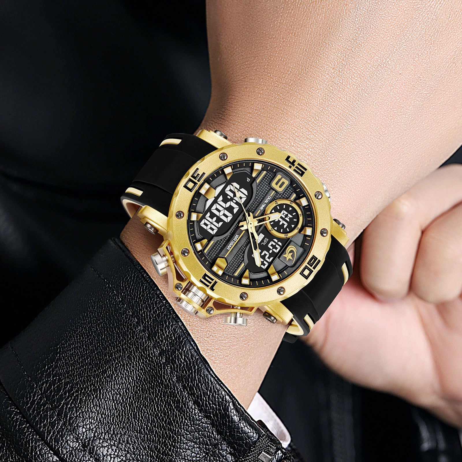 findtime Reloj de hombre militar digital analógico deportivo para exteriores, doble hora, resistente al agua, iluminación LED, esfera grande, reloj con alarma, fecha, 12/24 h, cronómetro, cronómetro