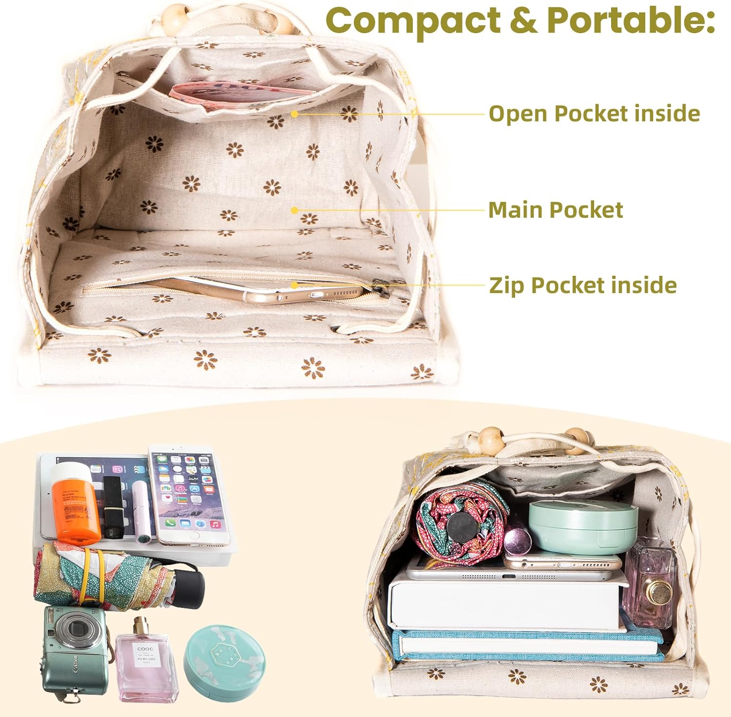 Goodhan Vintage Embroidered Backpack Purses for Women - Boho Shoulder Bag for Travel,Ethnic Floral Mini Back Pack,Lightweight Handbags for Daily Use (Beige) - Image 4