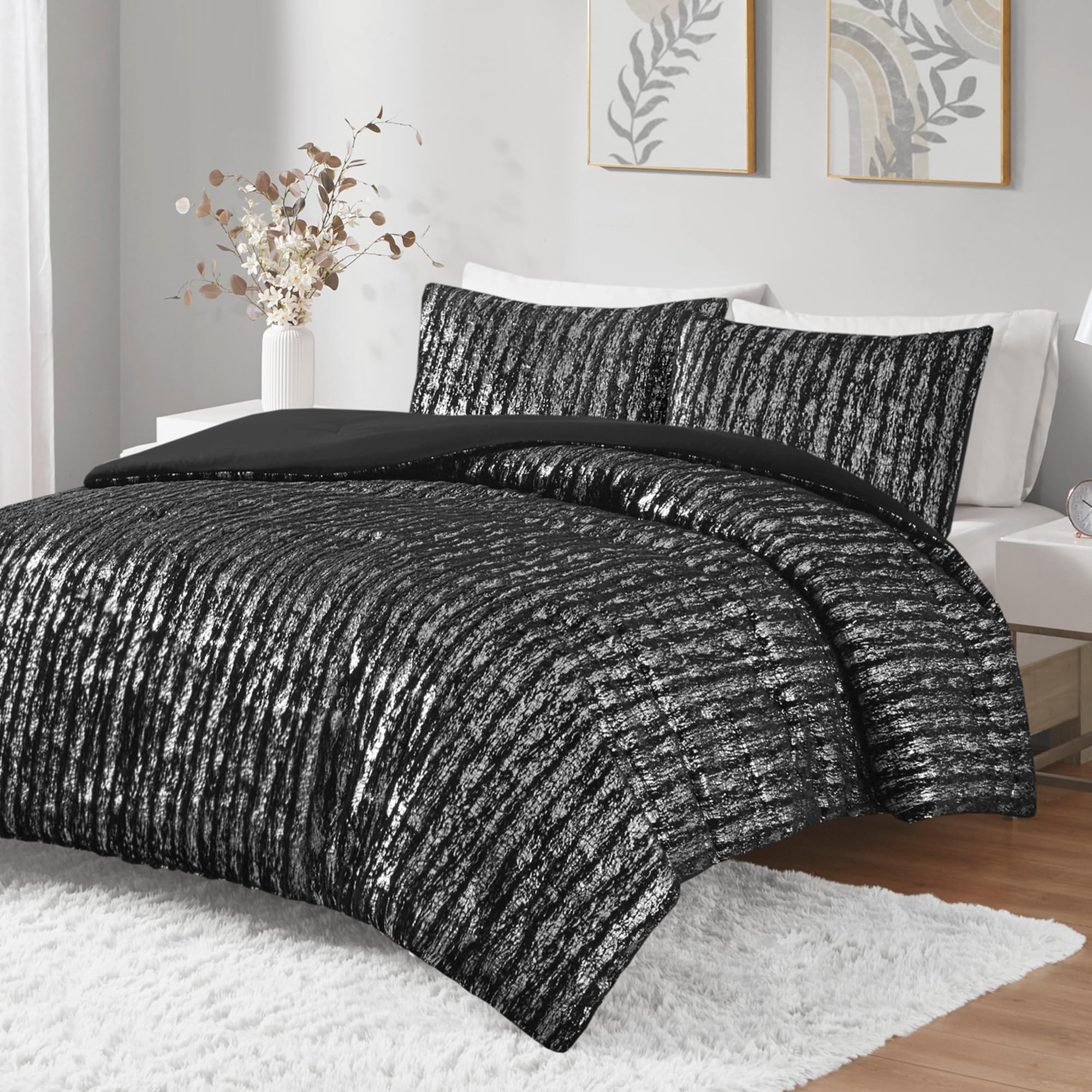 HIG 7 Piece Comforter Set King Black and Sliver Faux Silk