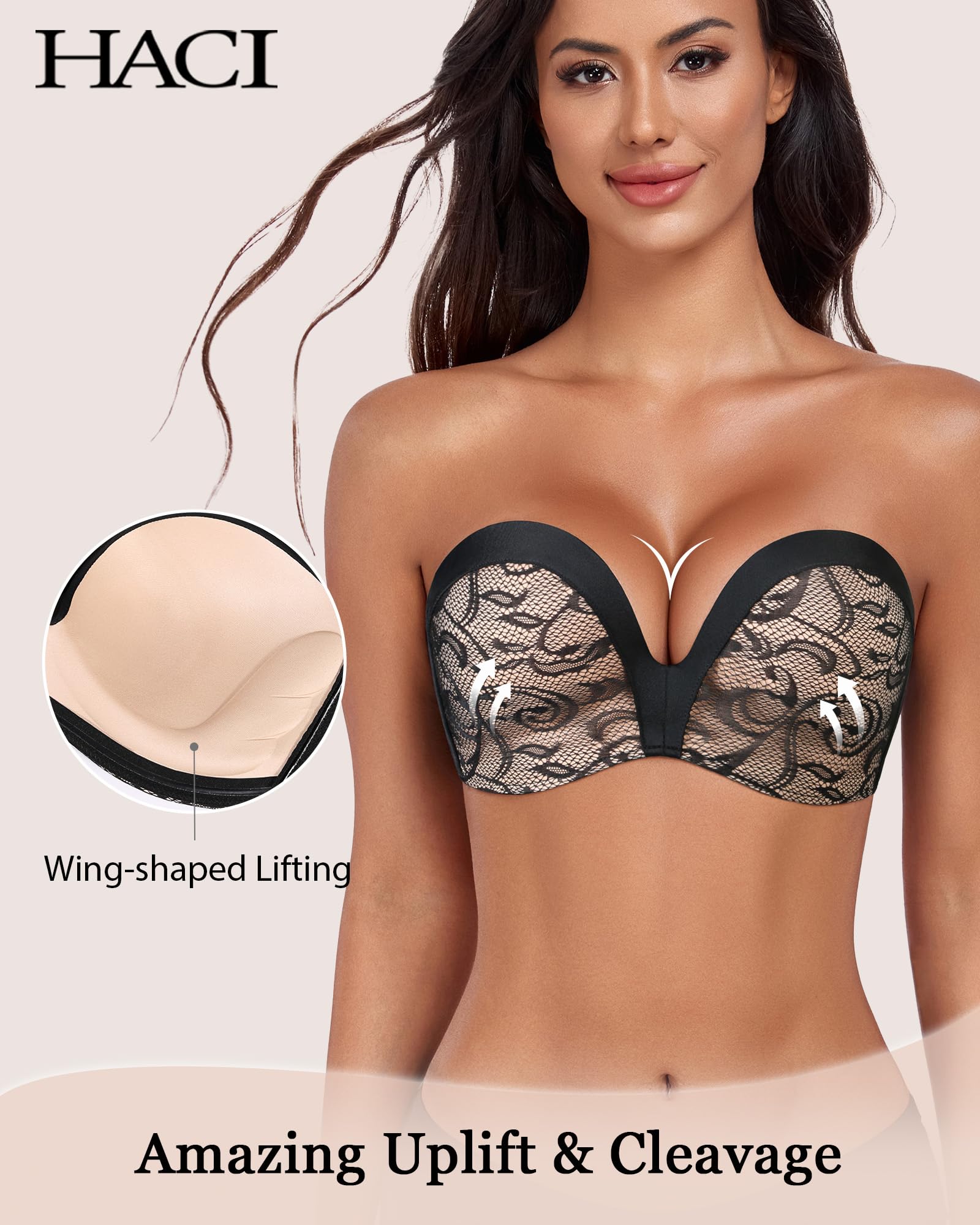 HACI Sujetador push up sin tirantes para mujer, antideslizante, acolchado, sin varillas | Levantamiento, invisible, antideslizante