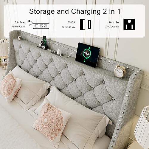 Miniatura 18 de Base de cama tamaño Queen con cabecero de almacenamiento capitoné con botones en la parte trasera y puertos tipo CA, plataforma tapizada, soporte de