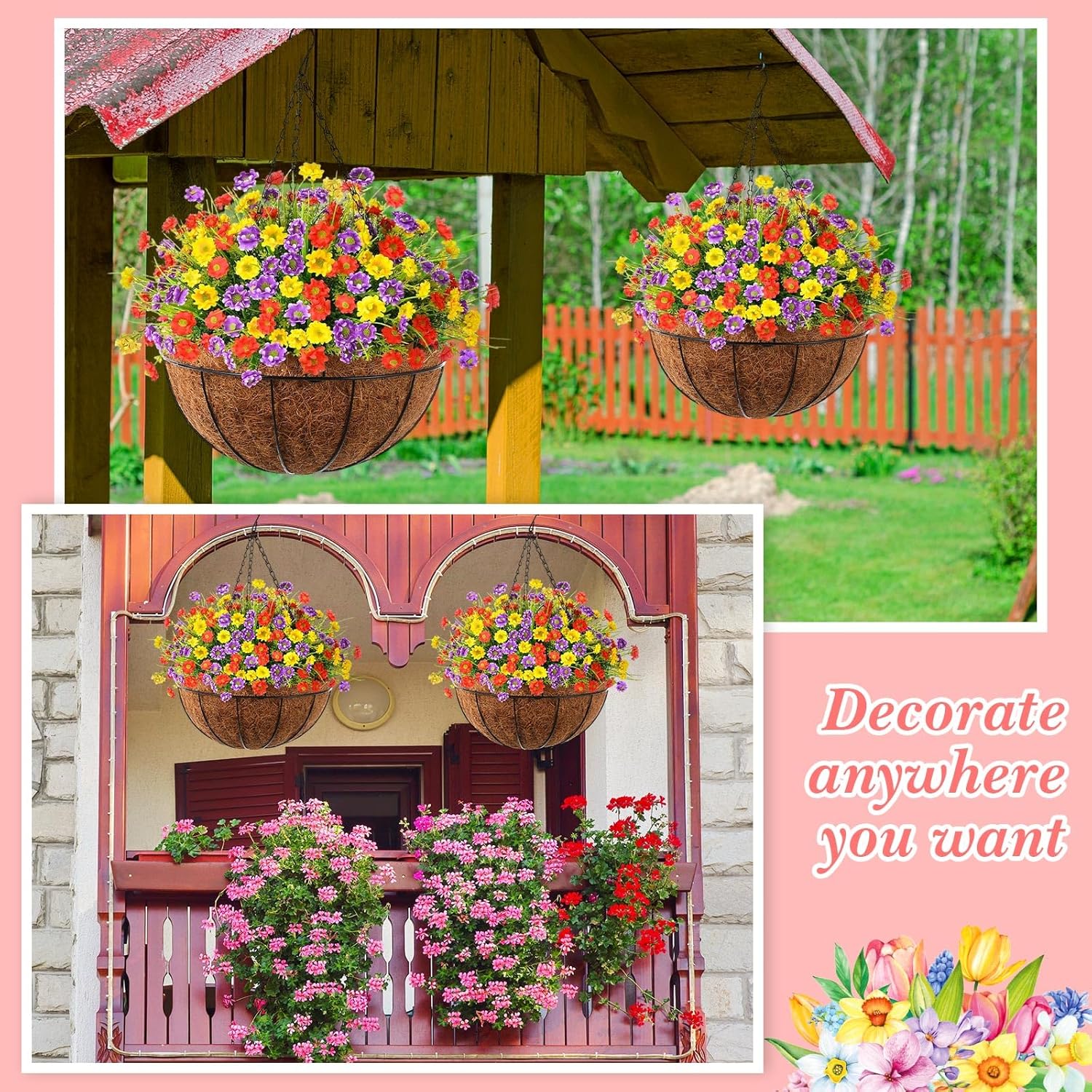 Lyrow 2 Set Artificial Hanging Flowers with Coconut Lining Basket UV Resistant Faux Hanging Plants with 36 Pcs Flowers Outdoors Fake Plants Spring Summer Decoration for Porch Patio Garden Home