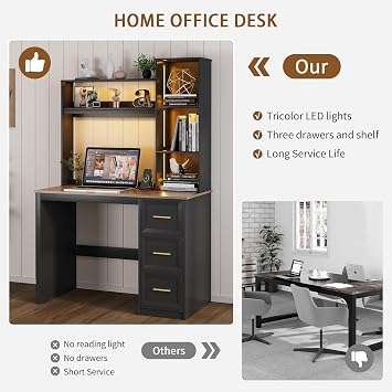 Study Desk with LED Lights and Smart Charging Station for study,Black