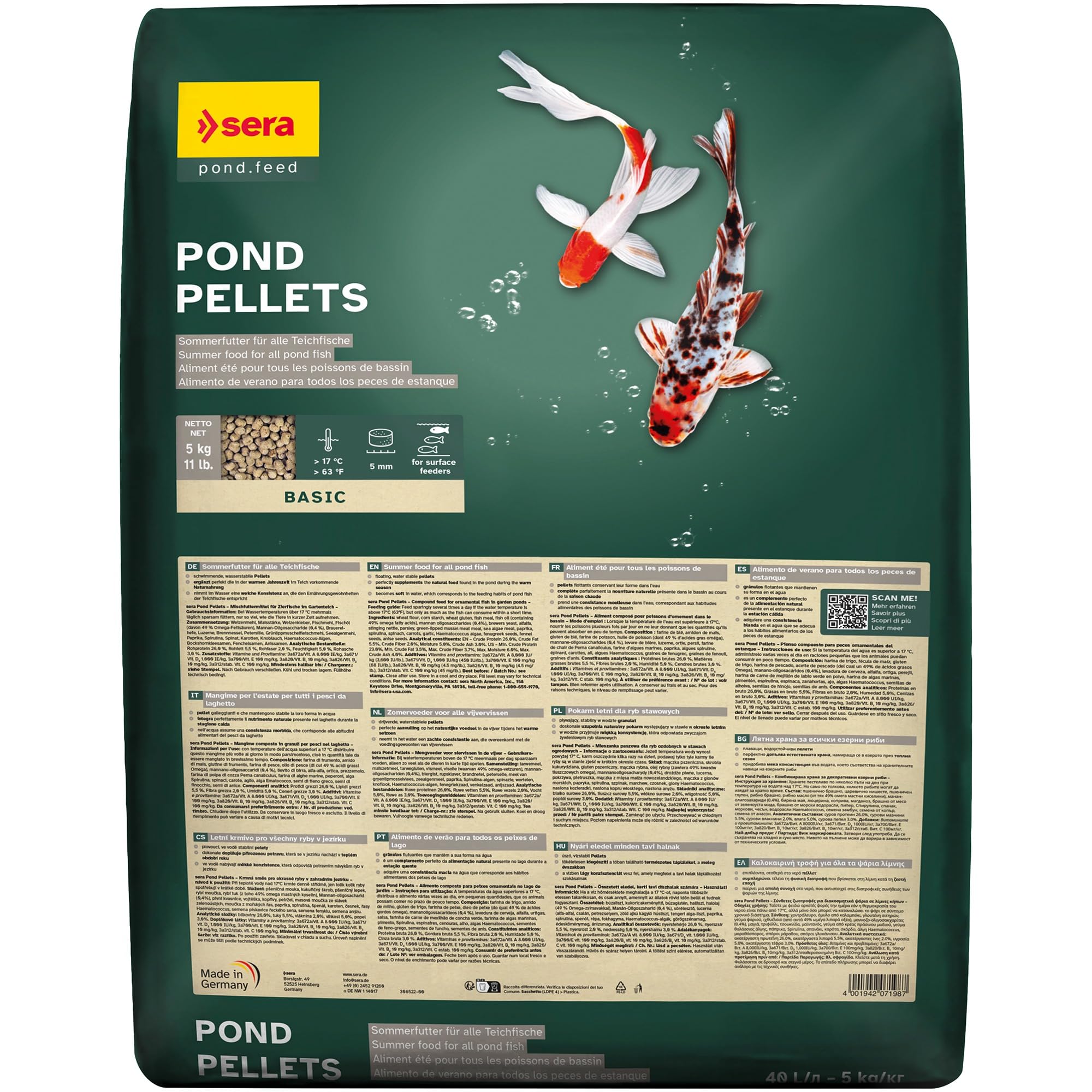 sera Pond pellets 40 L 5 KG | alimento de Verano para Todos los Peces de Estanque | para el Uso a temperaturas del Agua Superiores a 17 °C