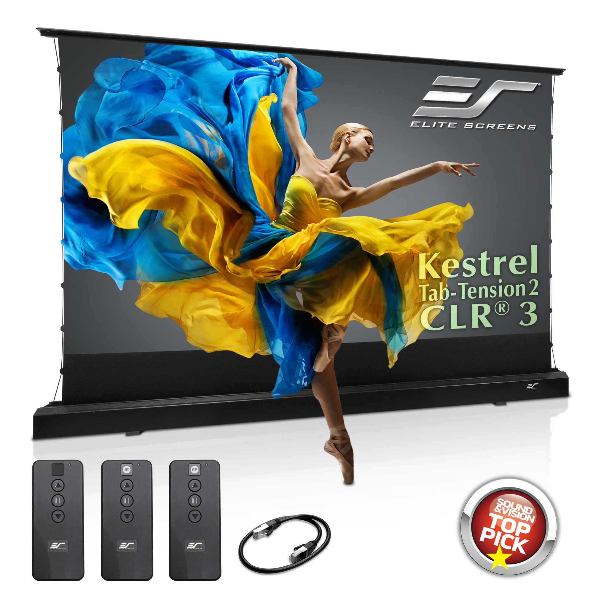 Elite Screens Kestrel Tab-Tension 2 CLR3, 121" 16:9, Ultra-Short Throw Ceiling Ambient Light Rejecting (CLR/ALR) Electric Floor-Rising Motorized Front Projector Screen, Black Casing, FTE121UH3-CLR3