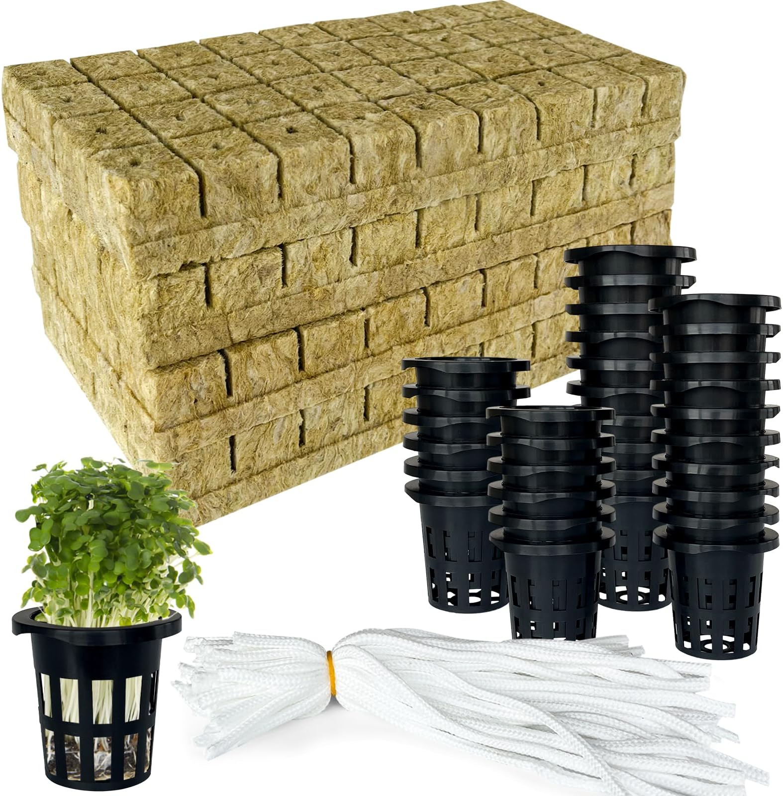 72 Pcs 1" Rockwool Cubes with 25 Net Cups and 25 Self-Watering Cotton Cord for Hydroponics Great Kratky Hydroponics Kit for Soilless Cultivation Cloning Plants Starting Seeds
