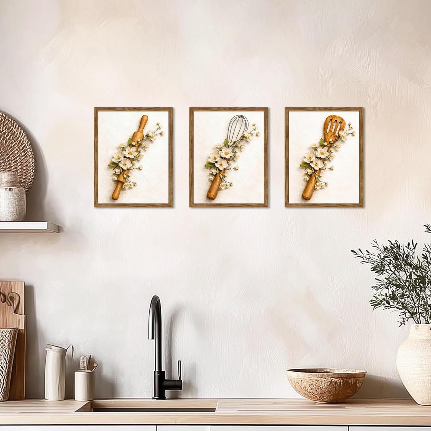 Modern Kitchen Wall Decor Set of 3 Framed Canvas Prints – Minimalist Botanical Floral Plant Artwork with Kitchen Utensil Design for Dining Room, Farmhouse Home Decor, 8x10 Inch