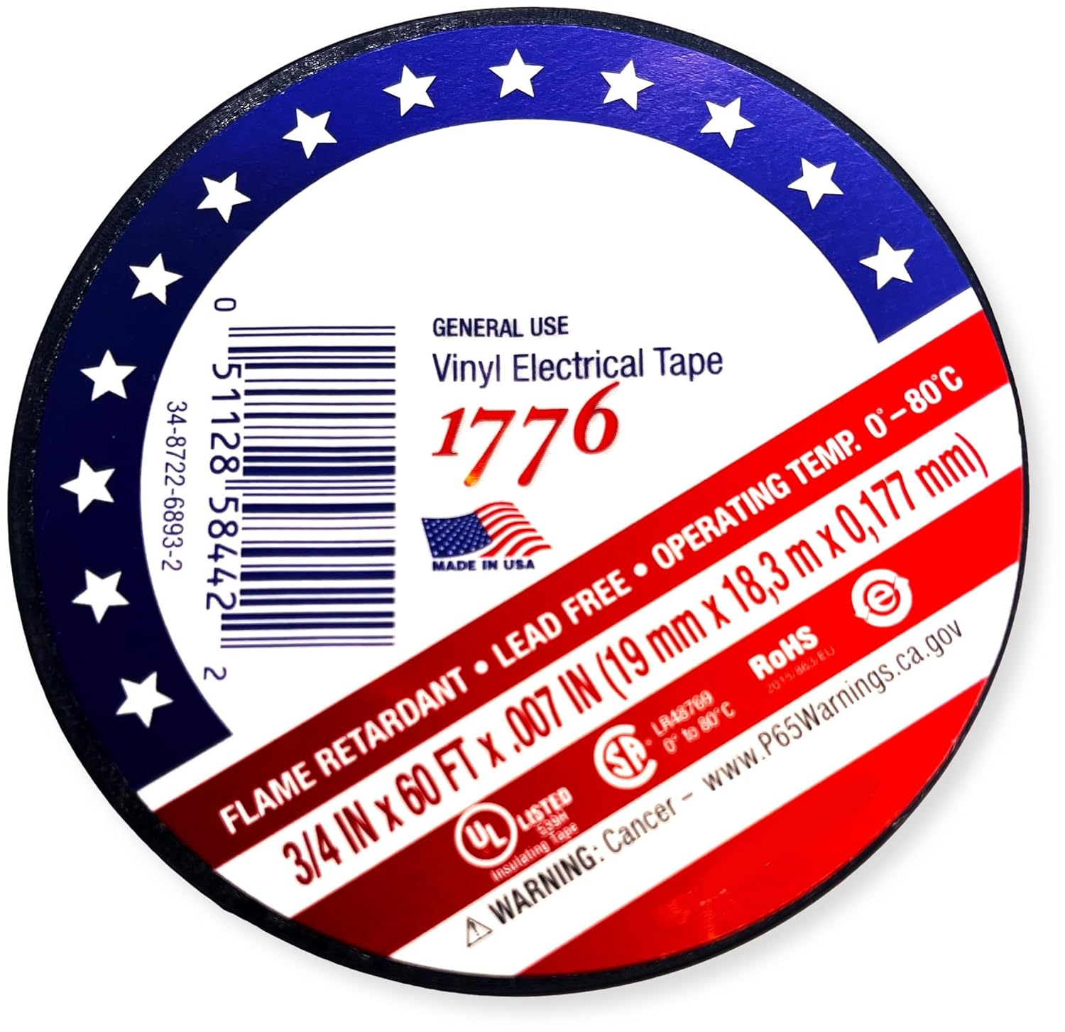 7010398066 Model 1776 Pack of 10 Vinyl Electrical Tapes, 3/4 Inch x 60 Feet, Black, 1-1/2 Inch Core, 7 mil Thick, Flame Retardant, Insulating Tape for Wire Harnessing and Cable Splicing