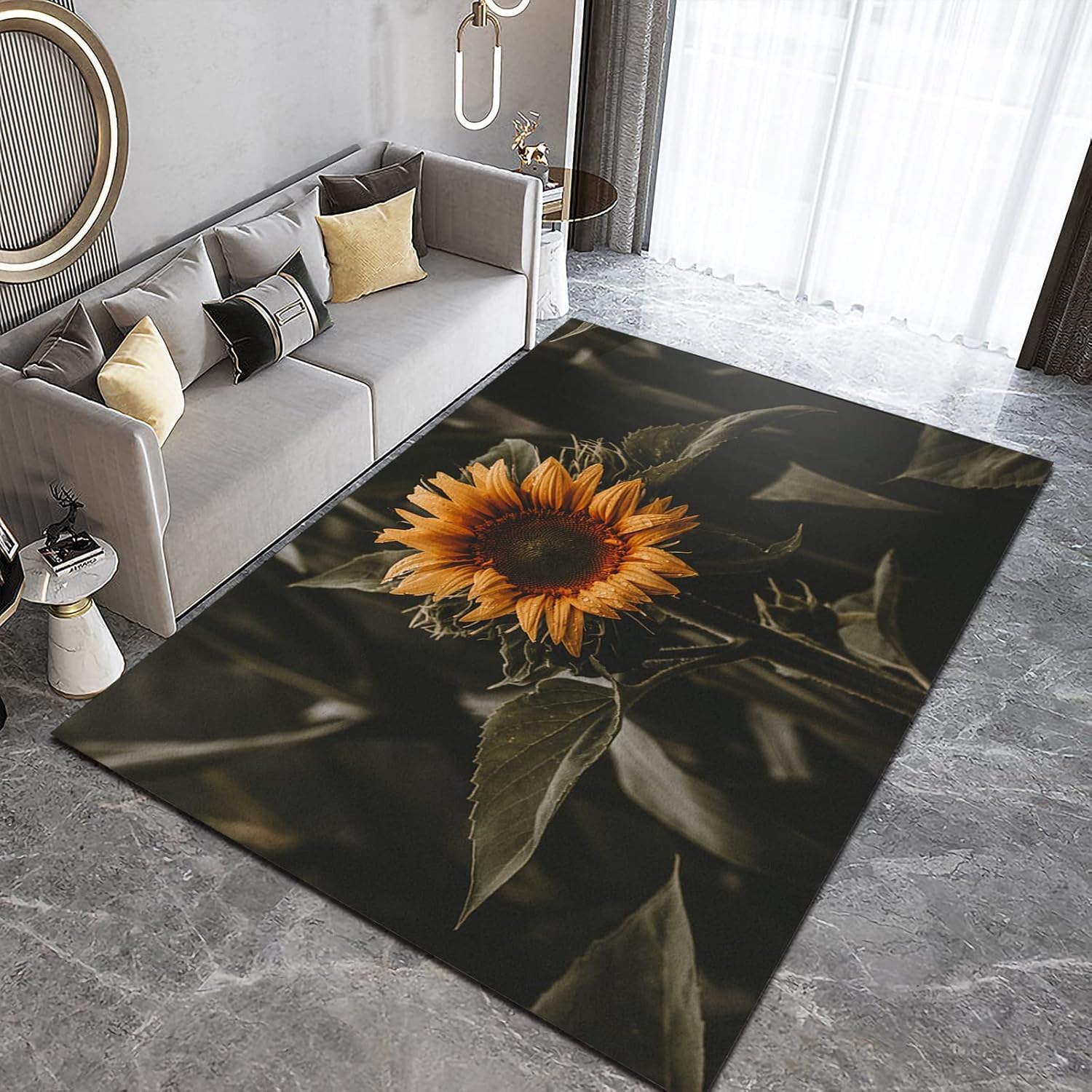 Beautiful Sunflower Area Rugs, Vintage Leaf Sunflower Easy Clean Rug, Soft NonSkid