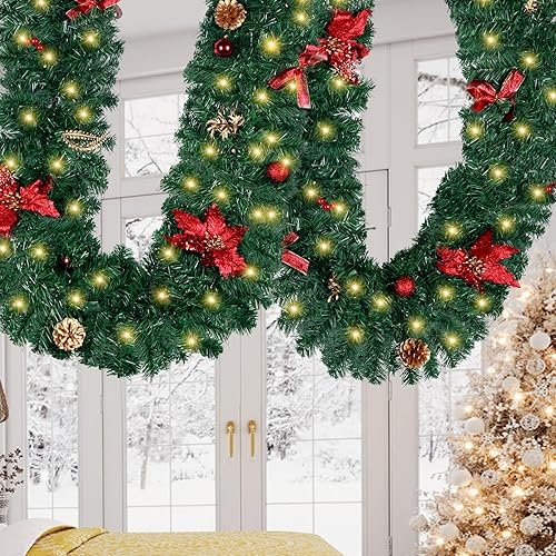 iTeporein Guirnalda de Navidad artificial preiluminada con luces LED, exquisitos accesorios de decoración hechos a mano, piñas, bayas rojas y 50