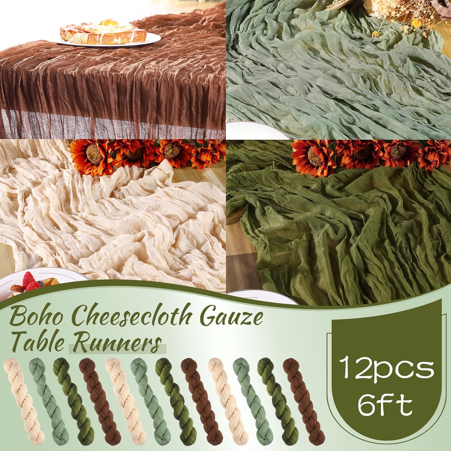 12 Pcs 6ft Cheesecloth Gauze Table Runners 35 x 71 Inches Boho Cheese Cloth Romantic Table Runners Wedding Decor Rustic Sheer Runner for Wedding Bridal Shower Birthday Party Decor