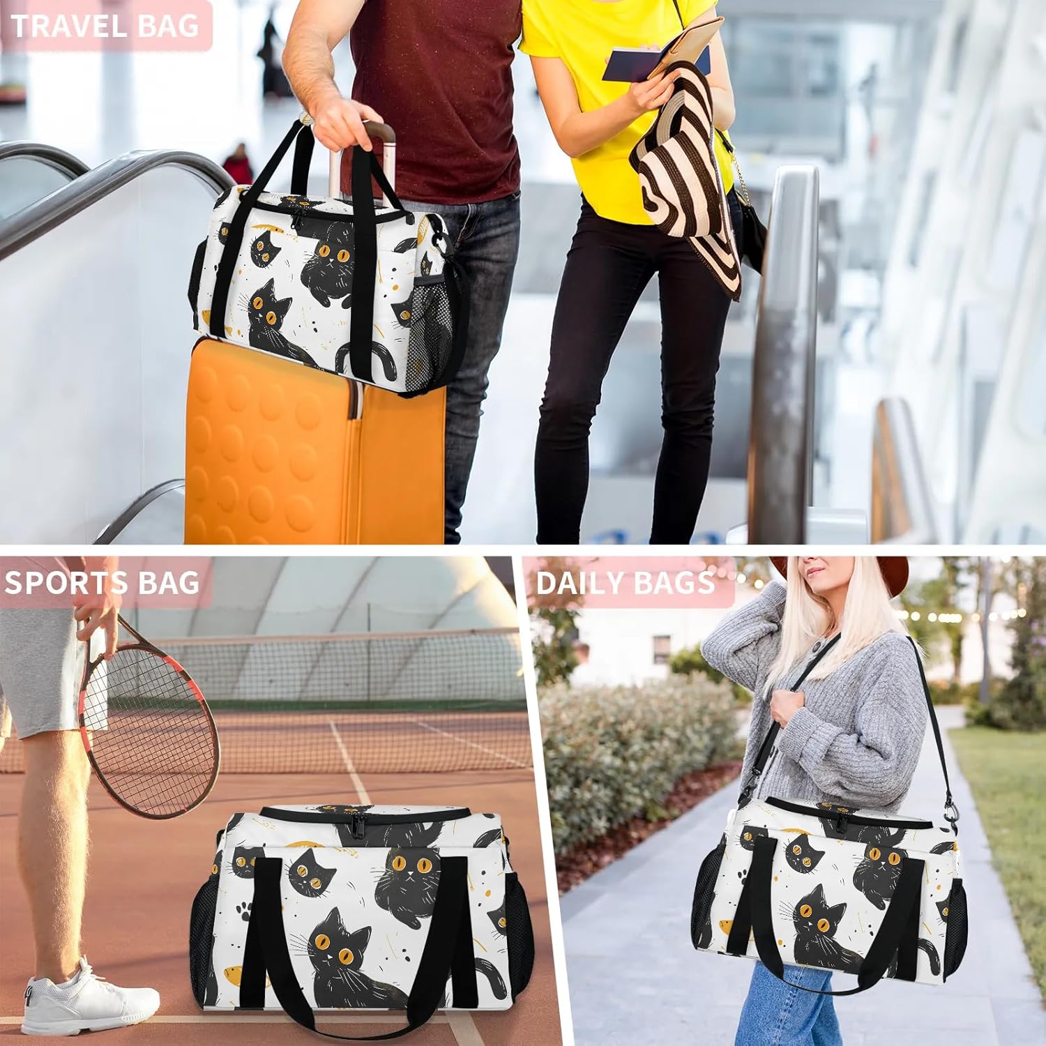 39L Duffle Bag for Travel Carry on Bag for Men Women Foldable Sport Gym Tote Bag Waterproof Overnight Weekender Bag with Side Pocket Cats
