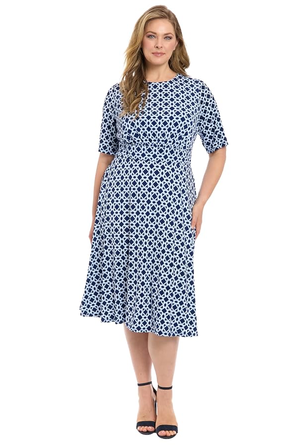 London Times Women's Dresses Inset Waist Midi Dress Career Office Occasion Guest of, Hexagon Geo - Navy/Blue, 8 by London Times - Used condition - US$44.42