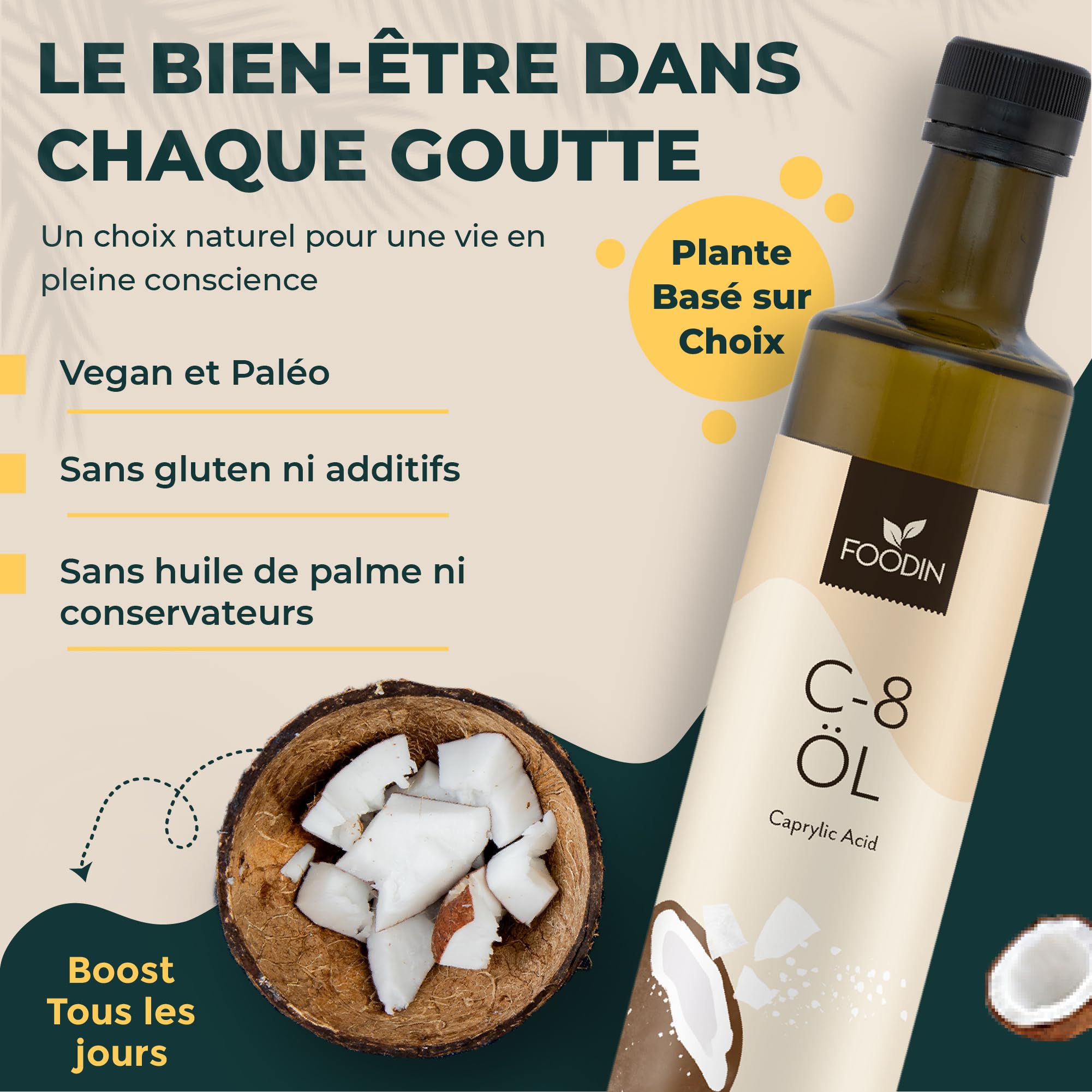 FOODIN Huile MCT C8 – 1000 ml (2 x 500 ml) – 100% C8 à base de Coco – Sans Goût – Pour Régime Cétogène – 3x Plus de Cétones