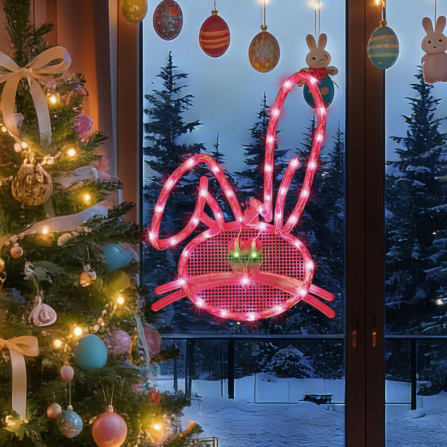 17" 40LED Lighted Pink Bunny Easter Decor - UL Certified, Soft Warm Glow, Window Decoration & Hanging Accent, Easter Party Essential, Beautiful Gift Box Packed