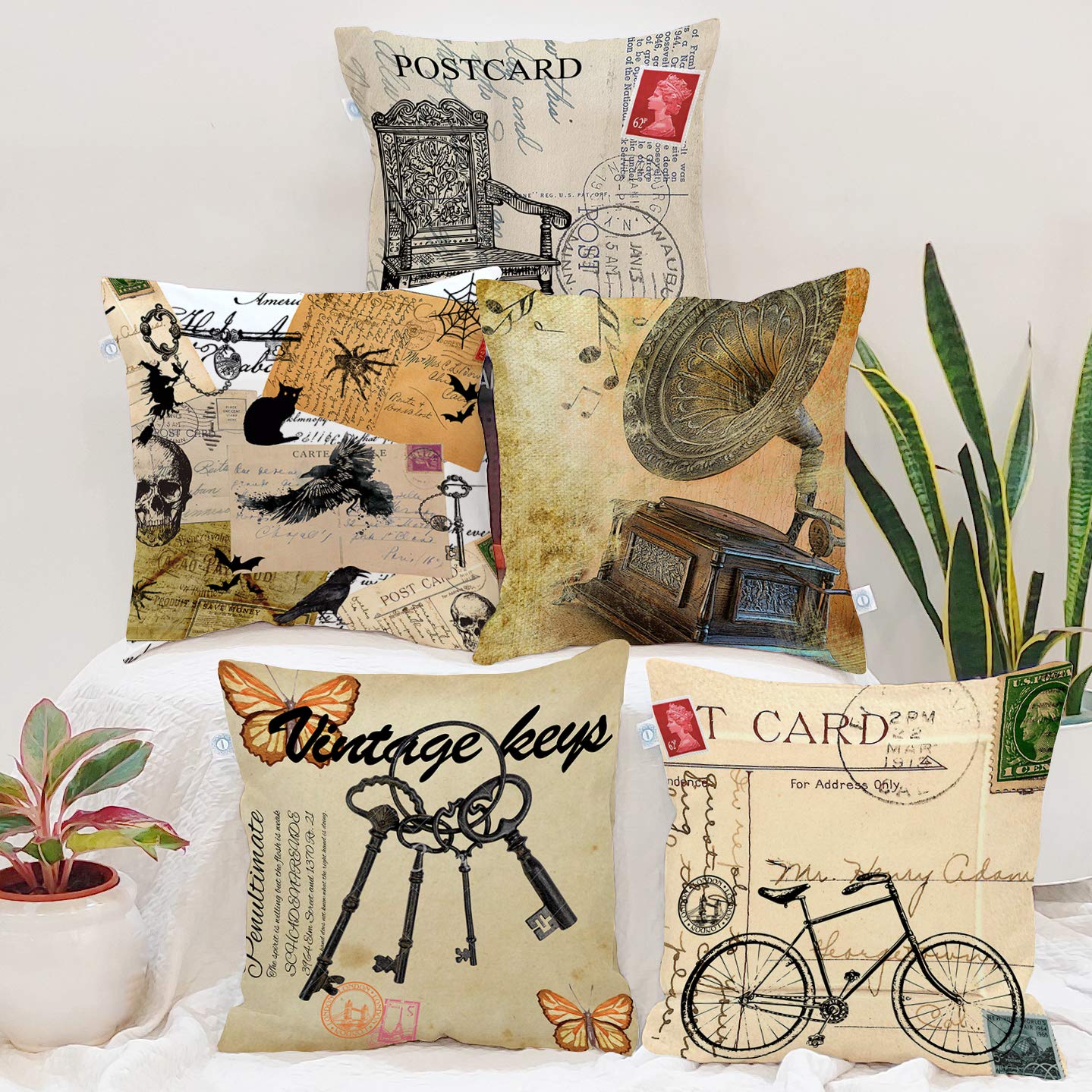 STITCHNEST Set of 5 Jute Cushion Covers – 16×16 Inches – Vintage Postcard & Retro Print Design – Artistic Cushion Covers for Sofa & Living Room Decor STITCHNEST Set of 5 Jute Cushion Covers – 16×16 Inches – Vintage Postcard & Retro Print Design – Artistic Cushion Covers for Sofa & Living Room Decor