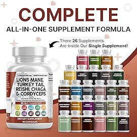 Clean Nutraceuticals Lions Mane 20in1 Mushroom Supplement with Turkey Tail Reishi Cordyceps Chaga Maitake Meshima Poria Cocos Shiitake Oyster Porcini Enoki - 2Pack